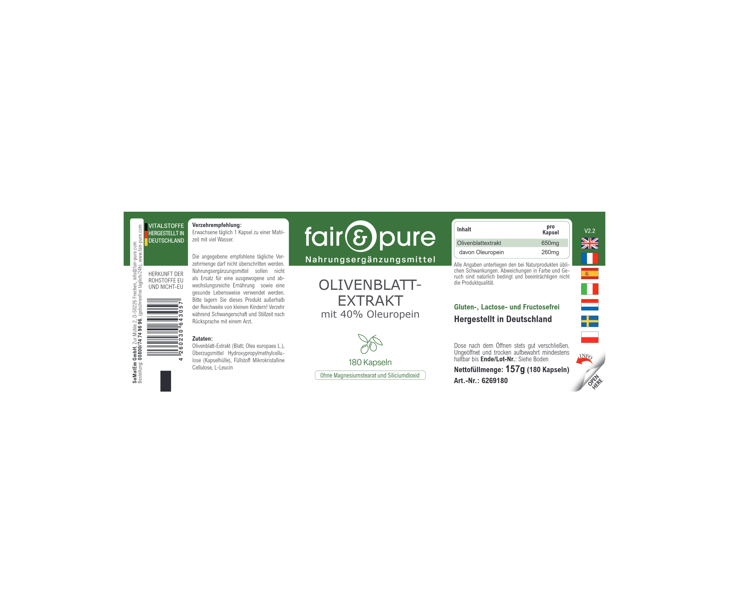 Olivenblatt-Extrakt mit 40% Oleuropein - 180 Kapseln | fair-pure