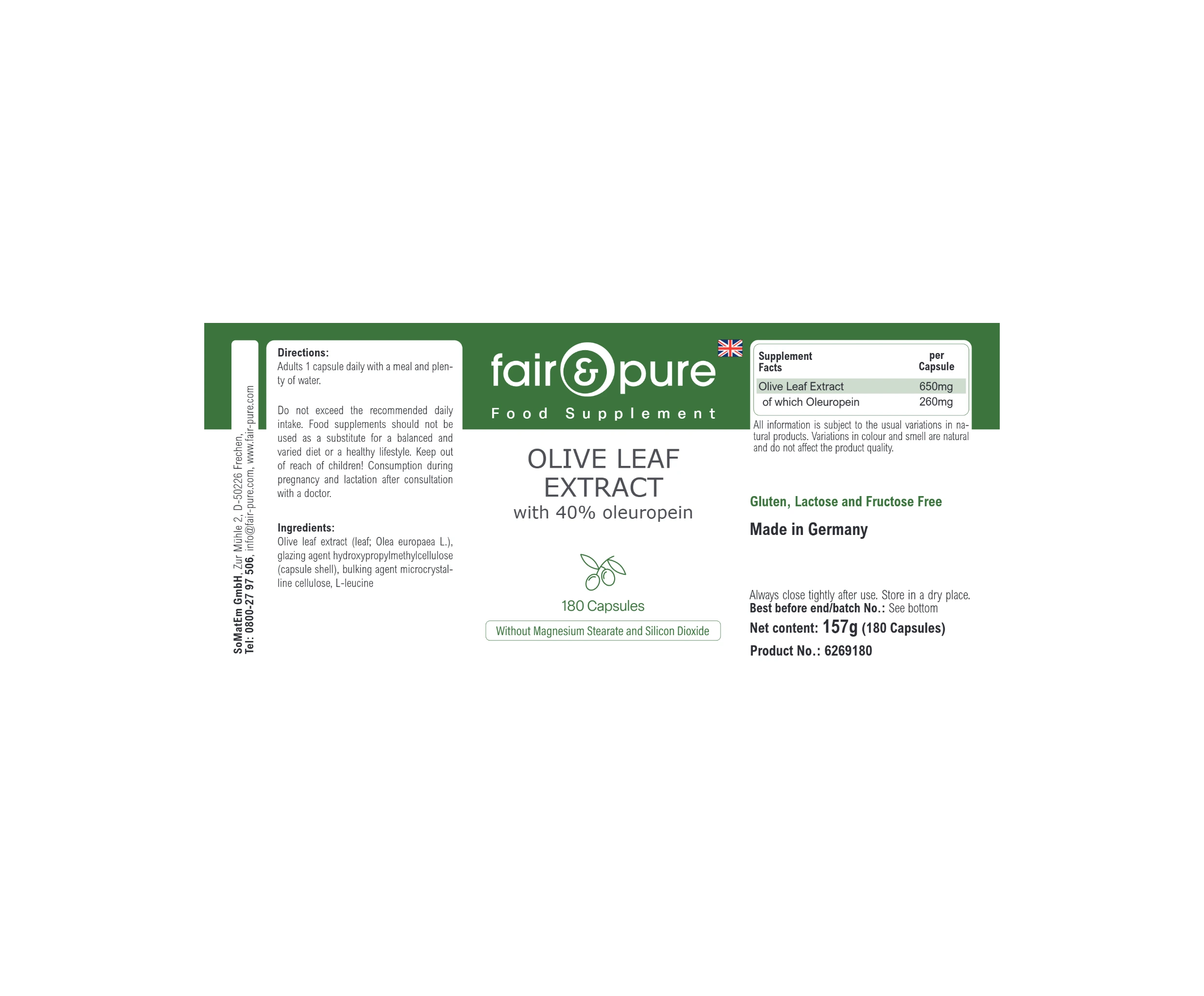 Olivenblatt-Extrakt mit 40% Oleuropein - 180 Kapseln | fair-pure