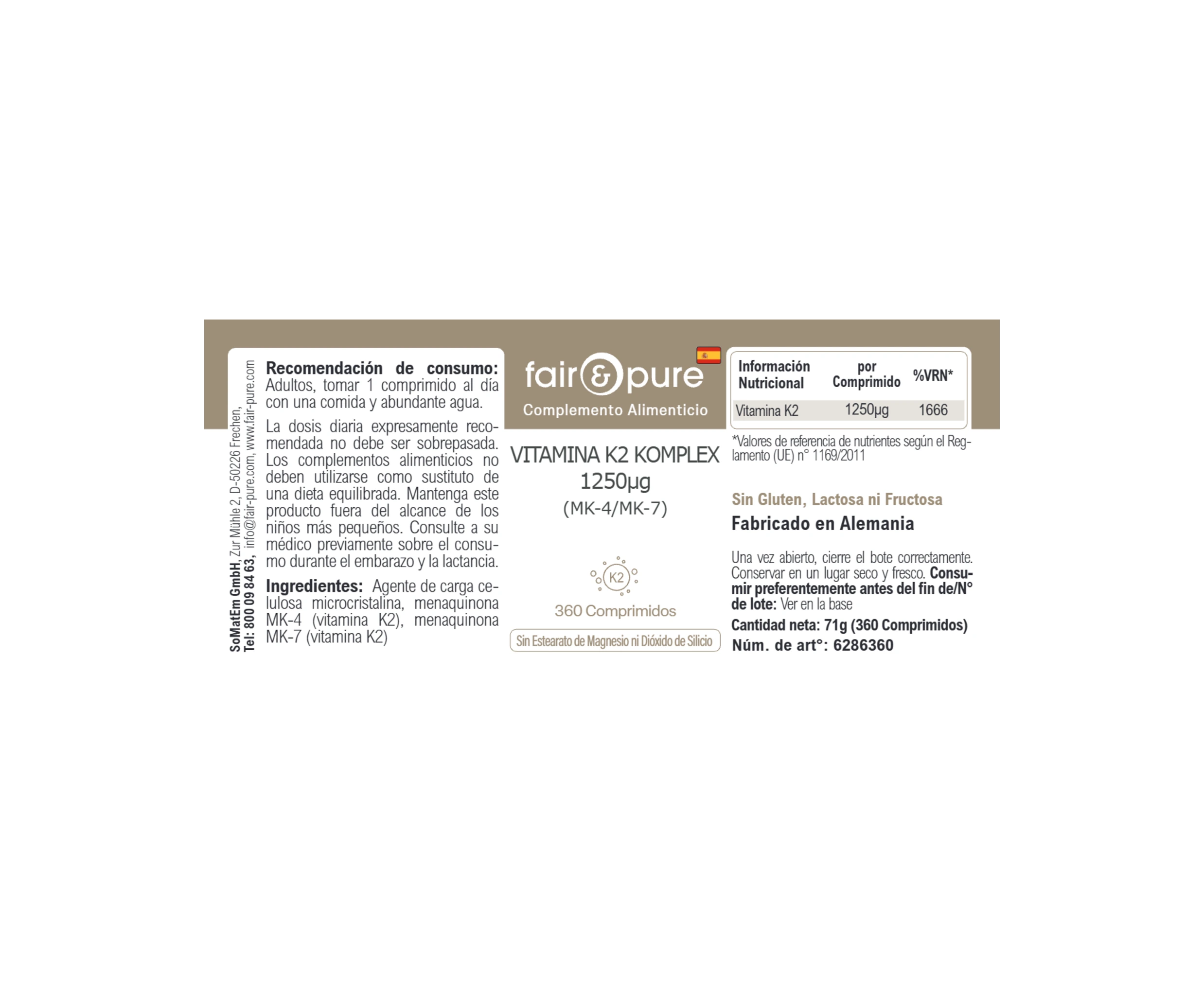 COMPLESSO DI VITAMINA K2 1.250µg (MK-4/MK-7) - 360 Compresse | fair-pure