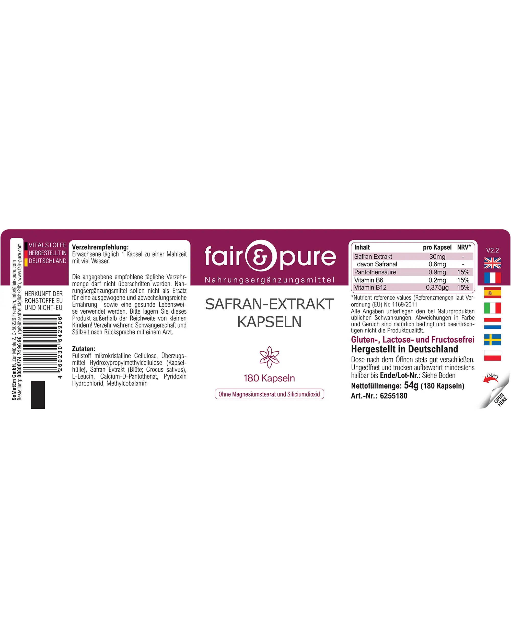 Safran-Extrakt Kapseln - 180 Kapseln - mit Vitamin B5, B6 und B12 | fair-pure