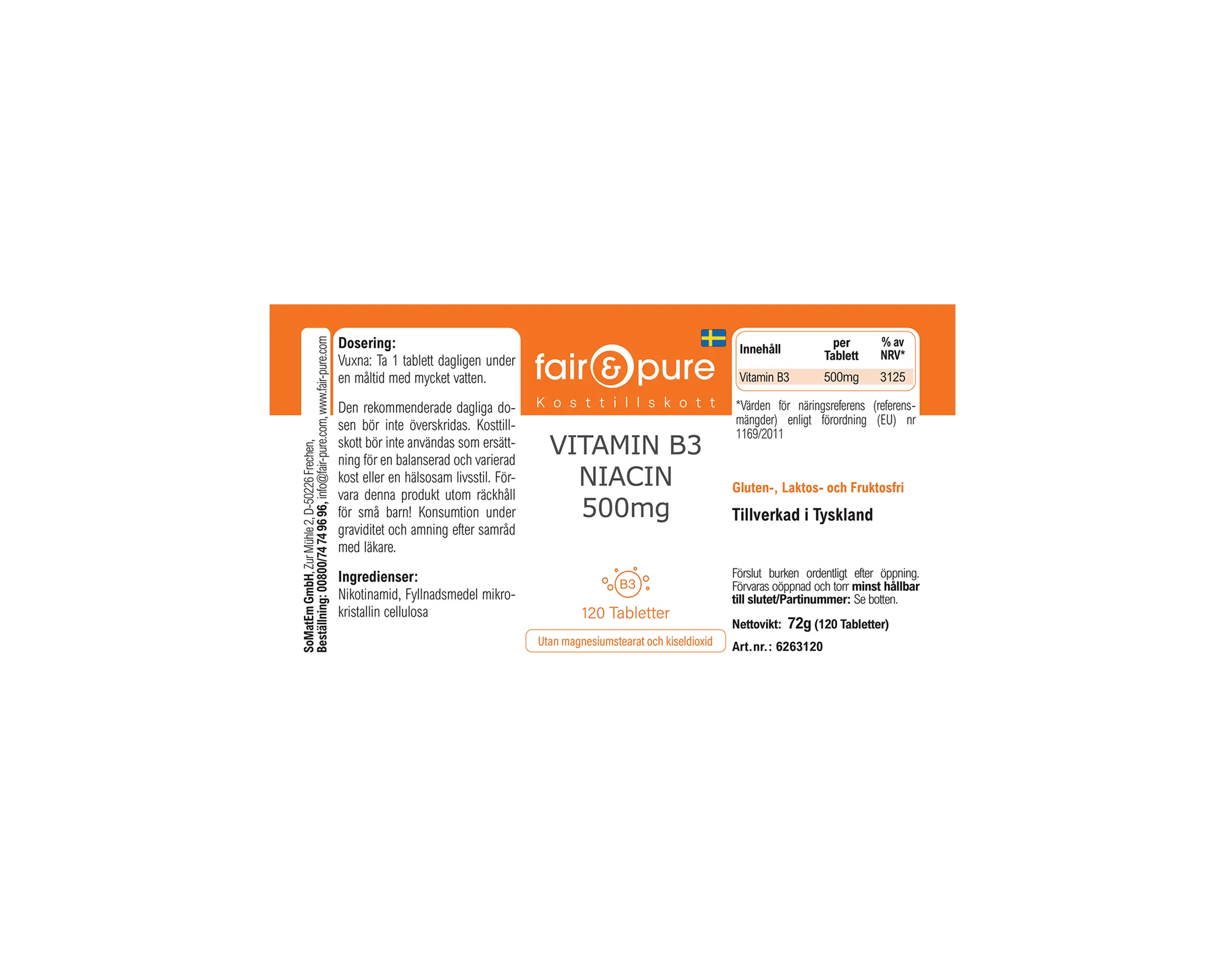 Vitamin B3 Niacin 500mg - 120 Tabletten | fair-pure