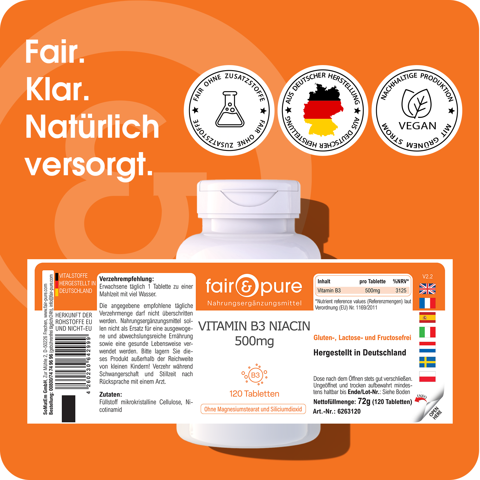 Vitamin B3 Niacin 500mg - 120 Tabletten | fair-pure