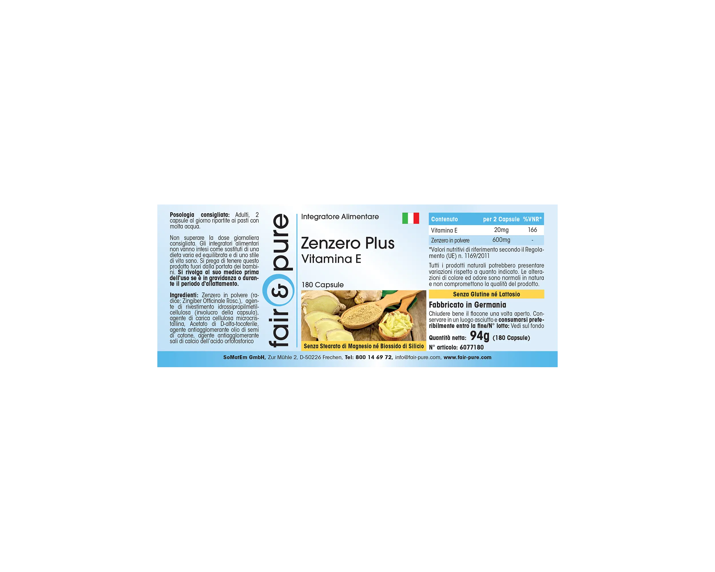 Zenzero plus vitamina E - 180 capsule - facile da deglutire | fair-pure