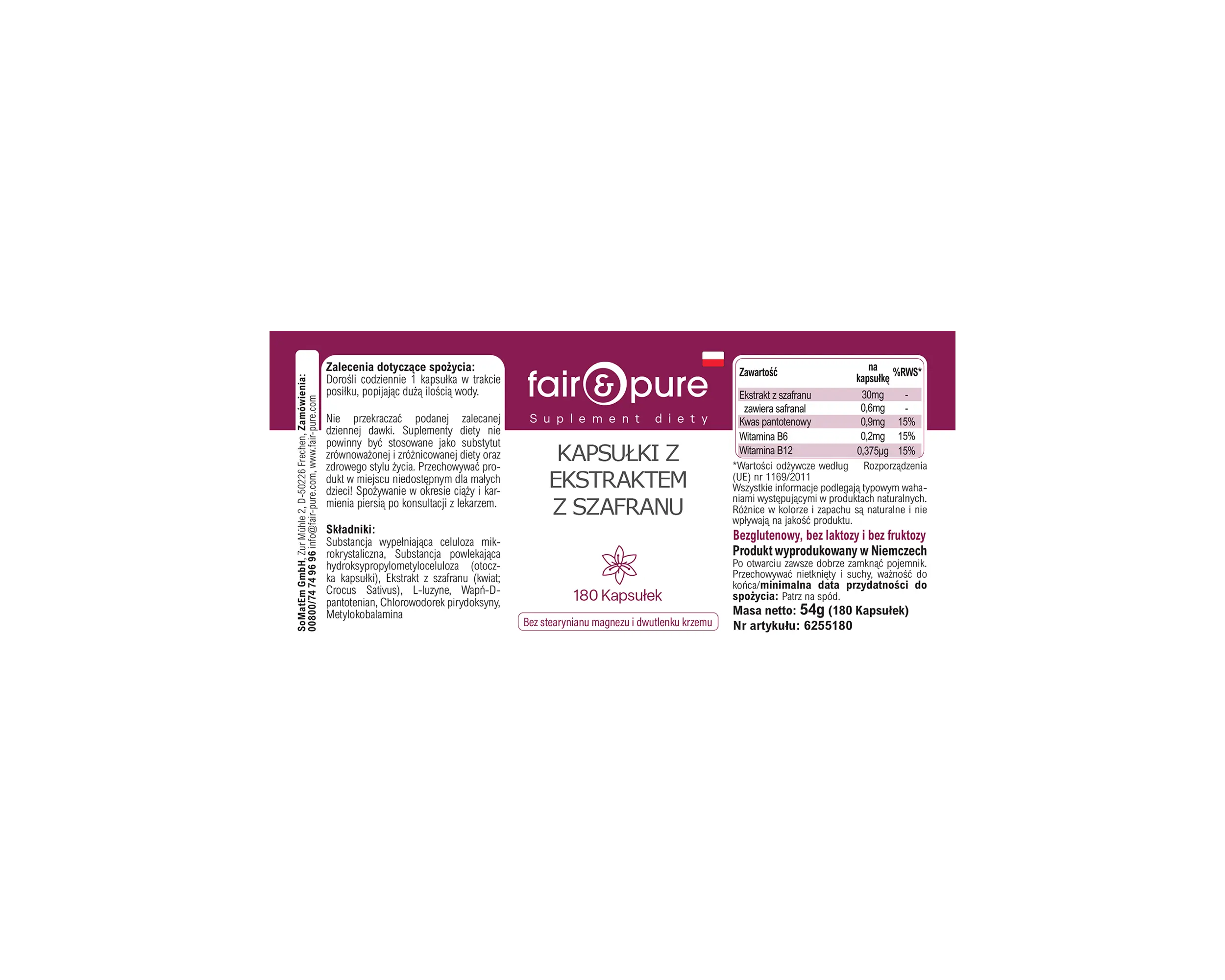 Safran-Extrakt Kapseln - 180 Kapseln - mit Vitamin B5, B6 und B12 | fair-pure