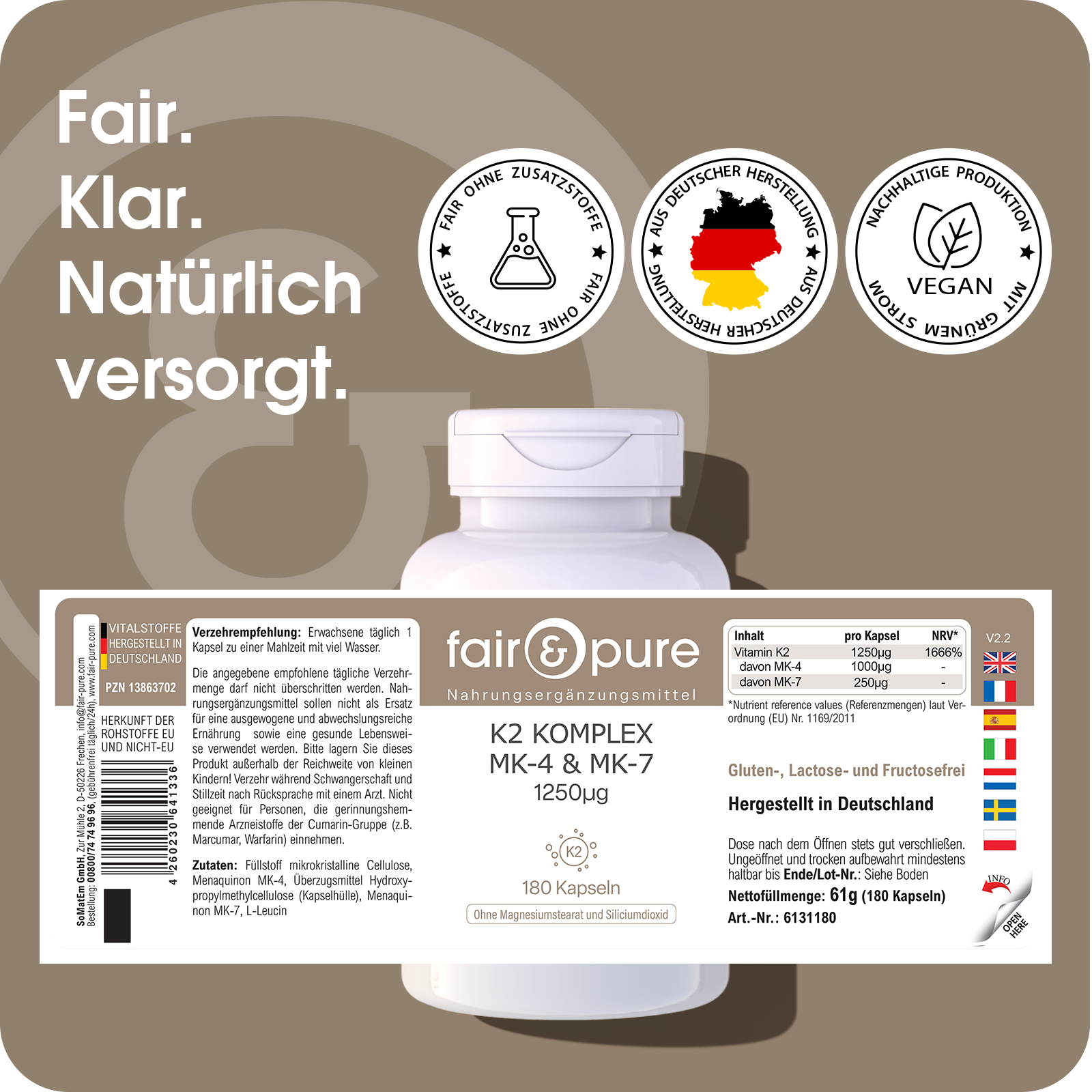 Complesso di Vitamina K2 1250µg - facile da deglutire | fair-pure