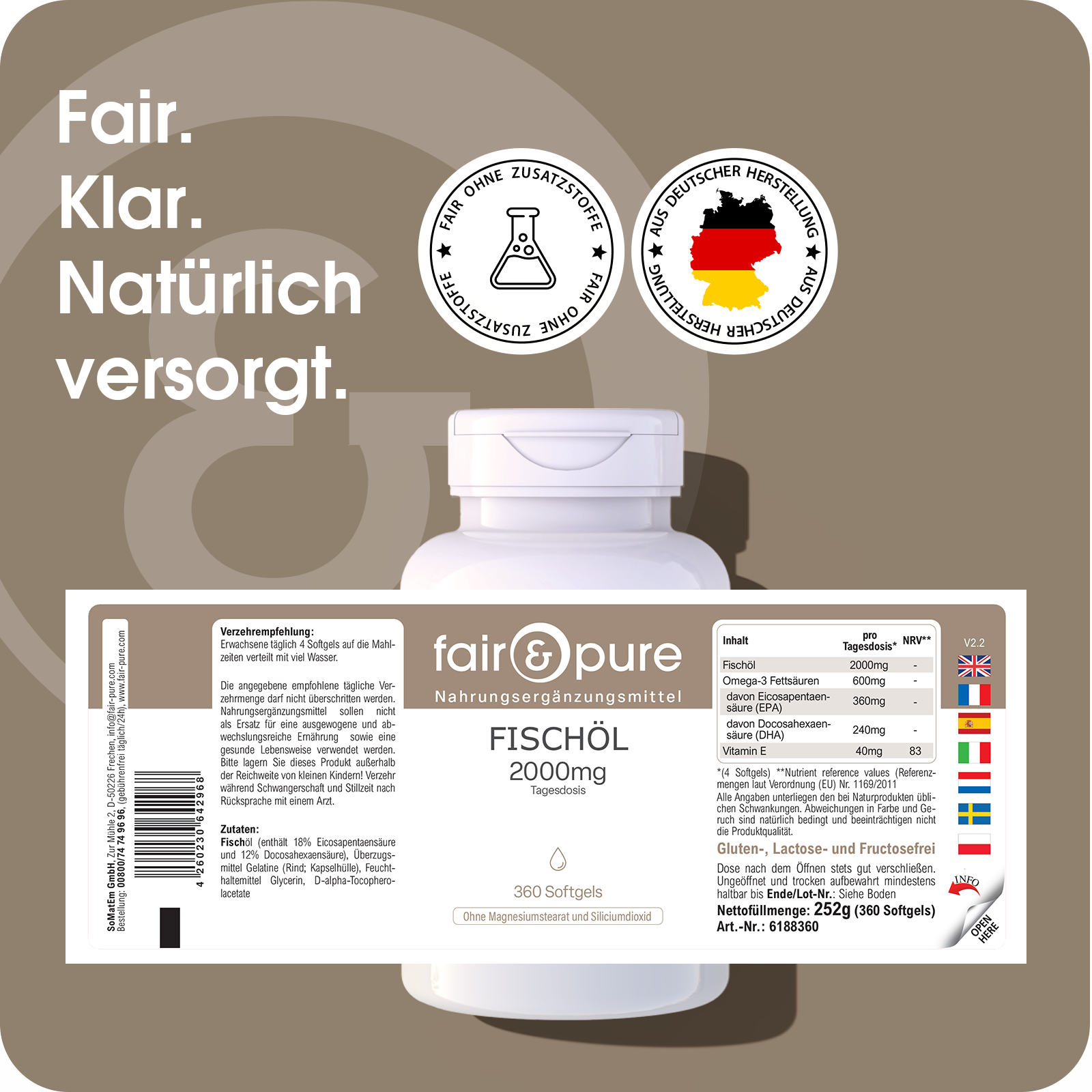 Fish Oil 2000 mg - 360 softgels - with Vitamin E | fair-pure