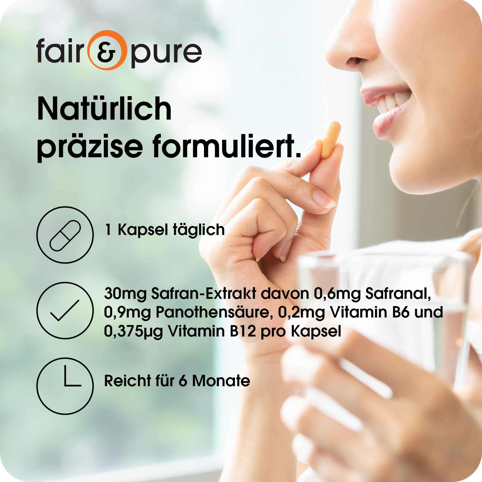 Safran-Extrakt Kapseln - 180 Kapseln - mit Vitamin B5, B6 und B12 | fair-pure