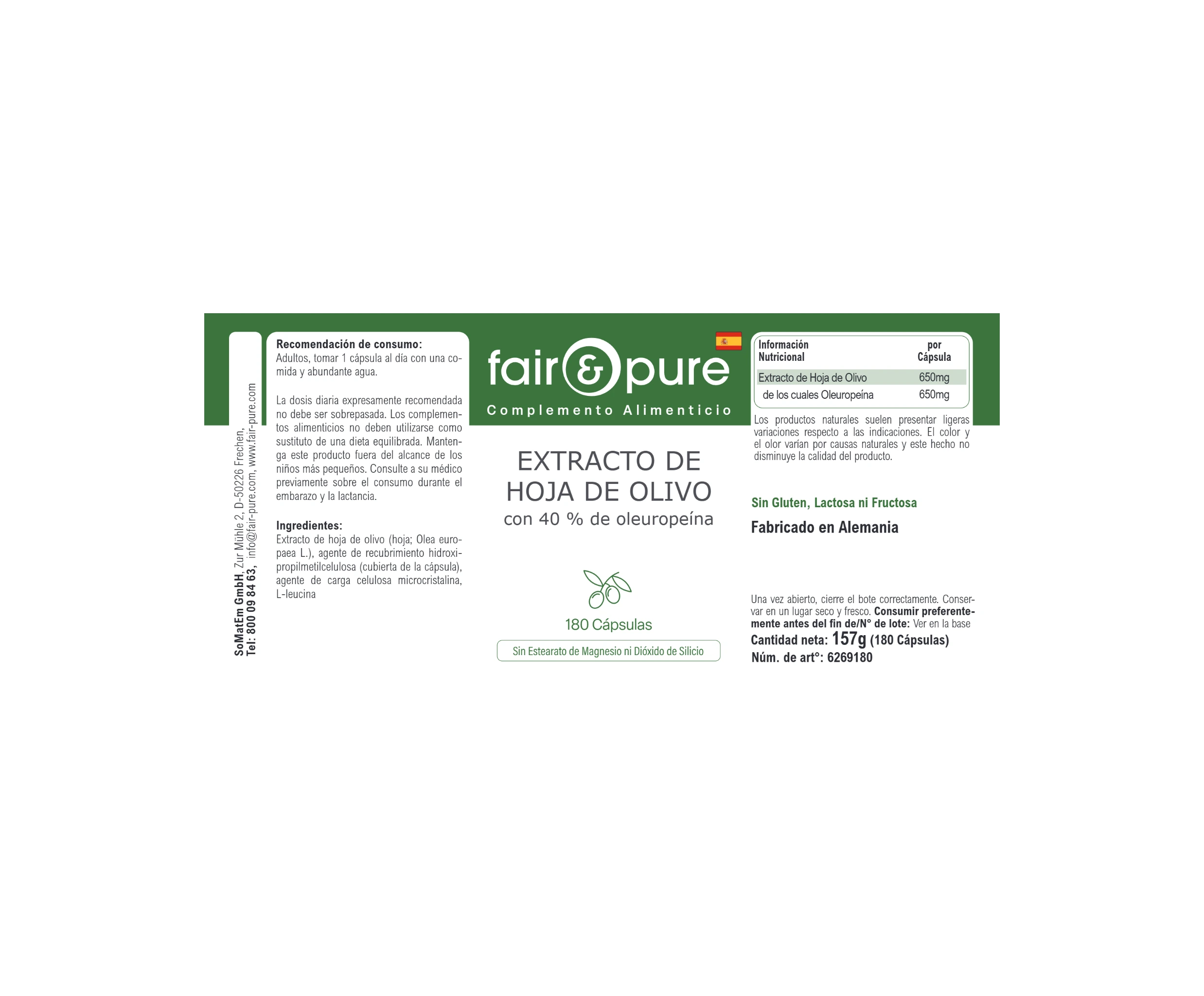 Olivenblatt-Extrakt mit 40% Oleuropein - 180 Kapseln | fair-pure
