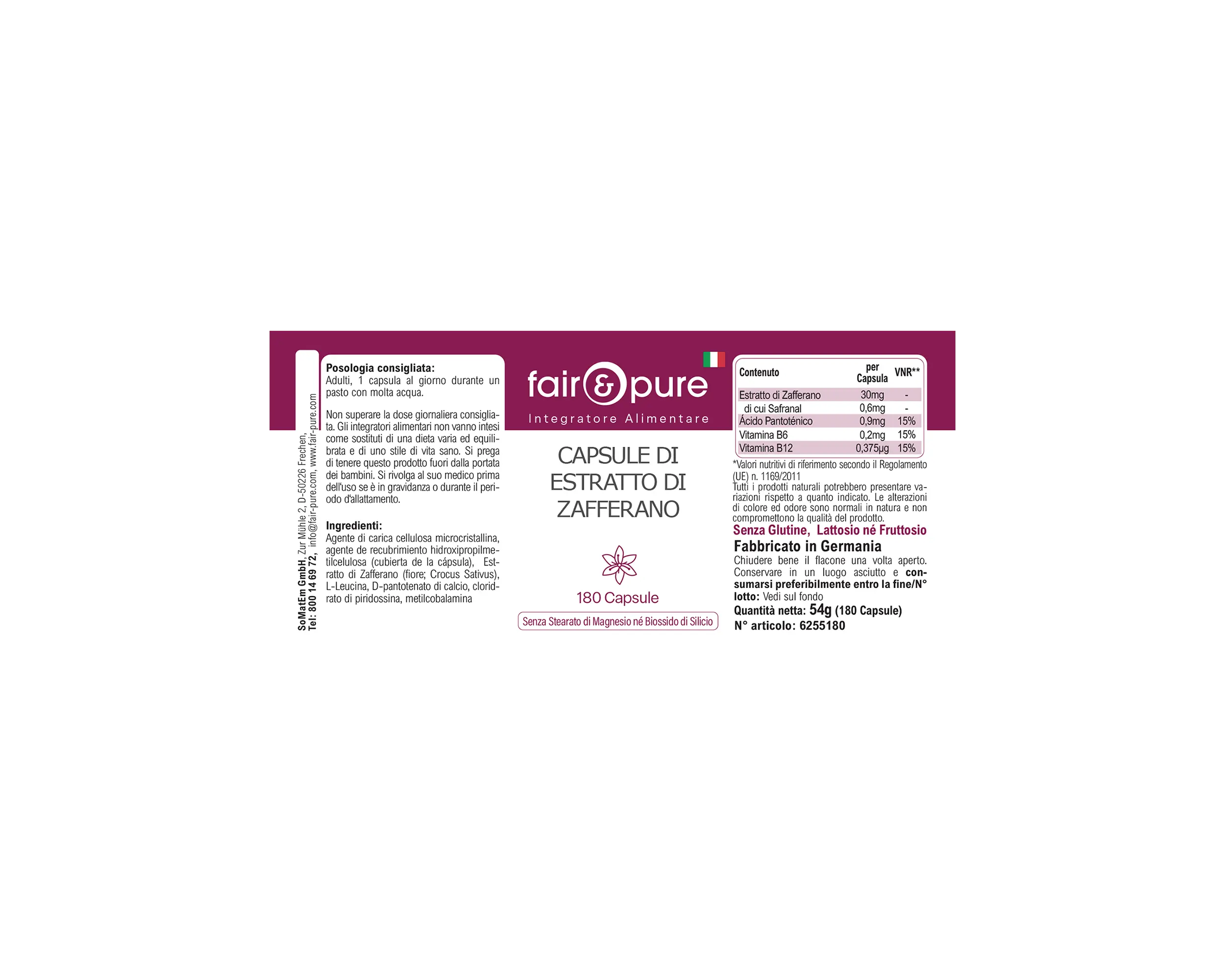 Safran-Extrakt Kapseln - 180 Kapseln - mit Vitamin B5, B6 und B12 | fair-pure