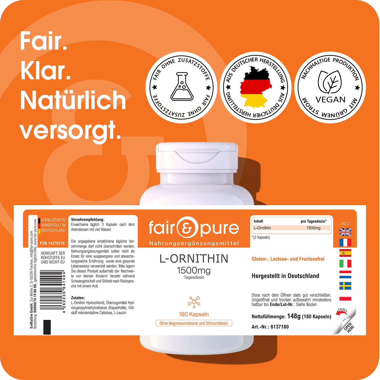 L-ornithine 1500 mg - 180 capsules | fair-pure