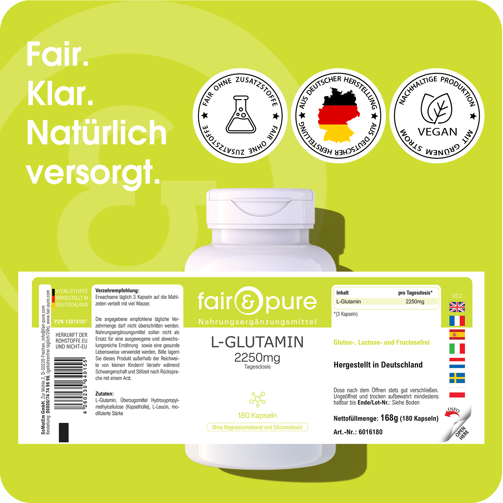 L-Glutamine 2250mg - 180 Capsules | fair-pure