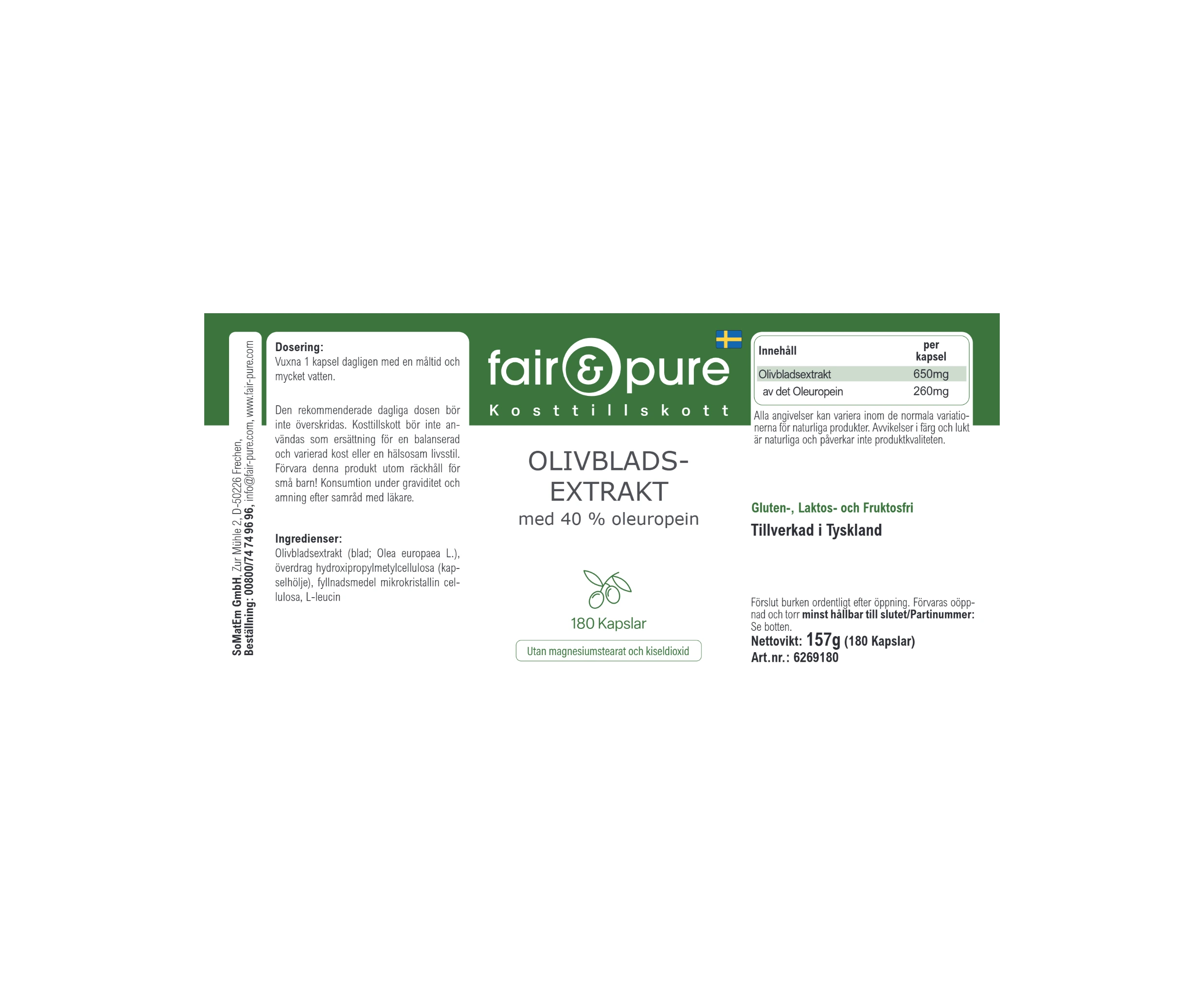 Olivenblatt-Extrakt mit 40% Oleuropein - 180 Kapseln | fair-pure