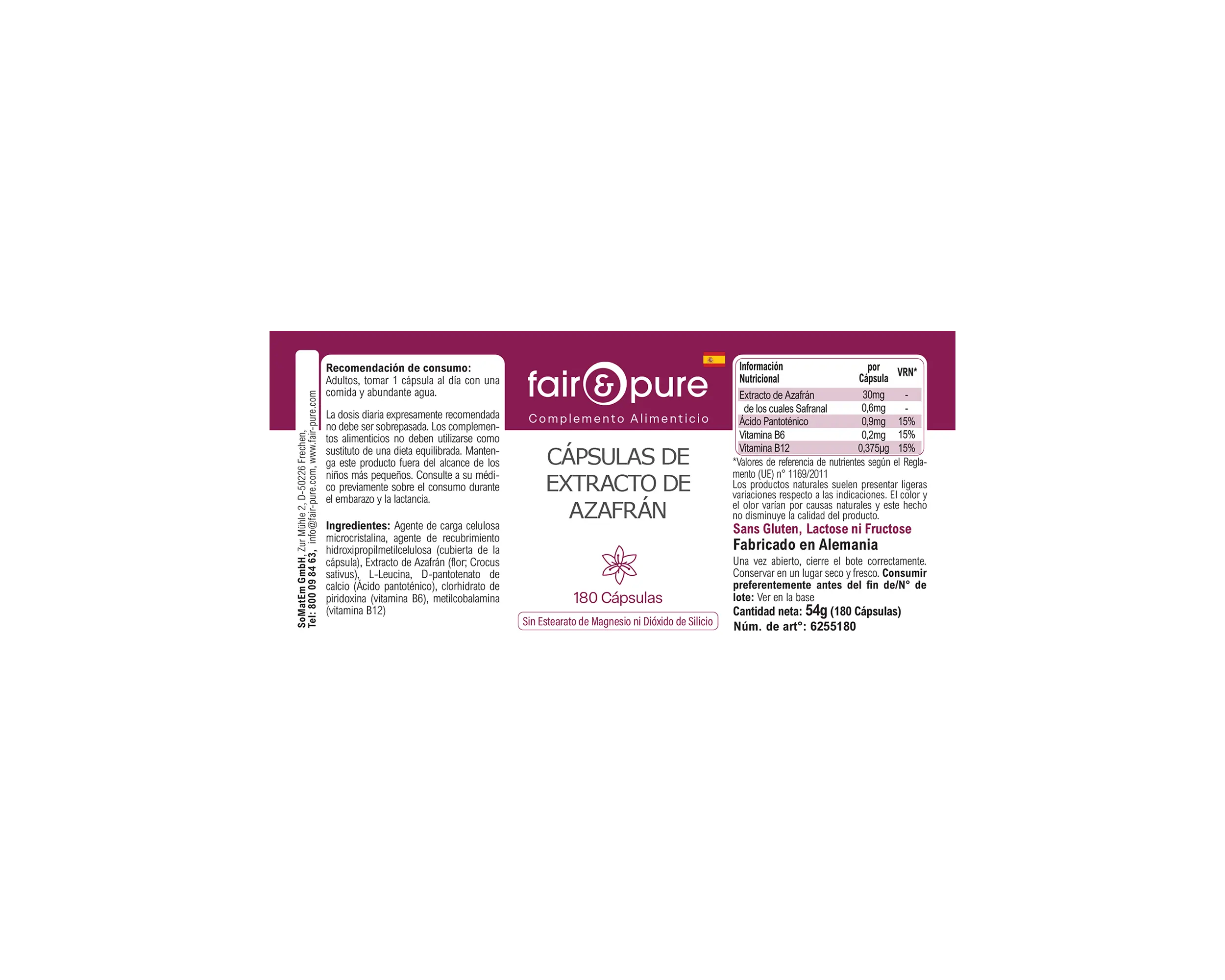 Safran-Extrakt Kapseln - 180 Kapseln - mit Vitamin B5, B6 und B12 | fair-pure