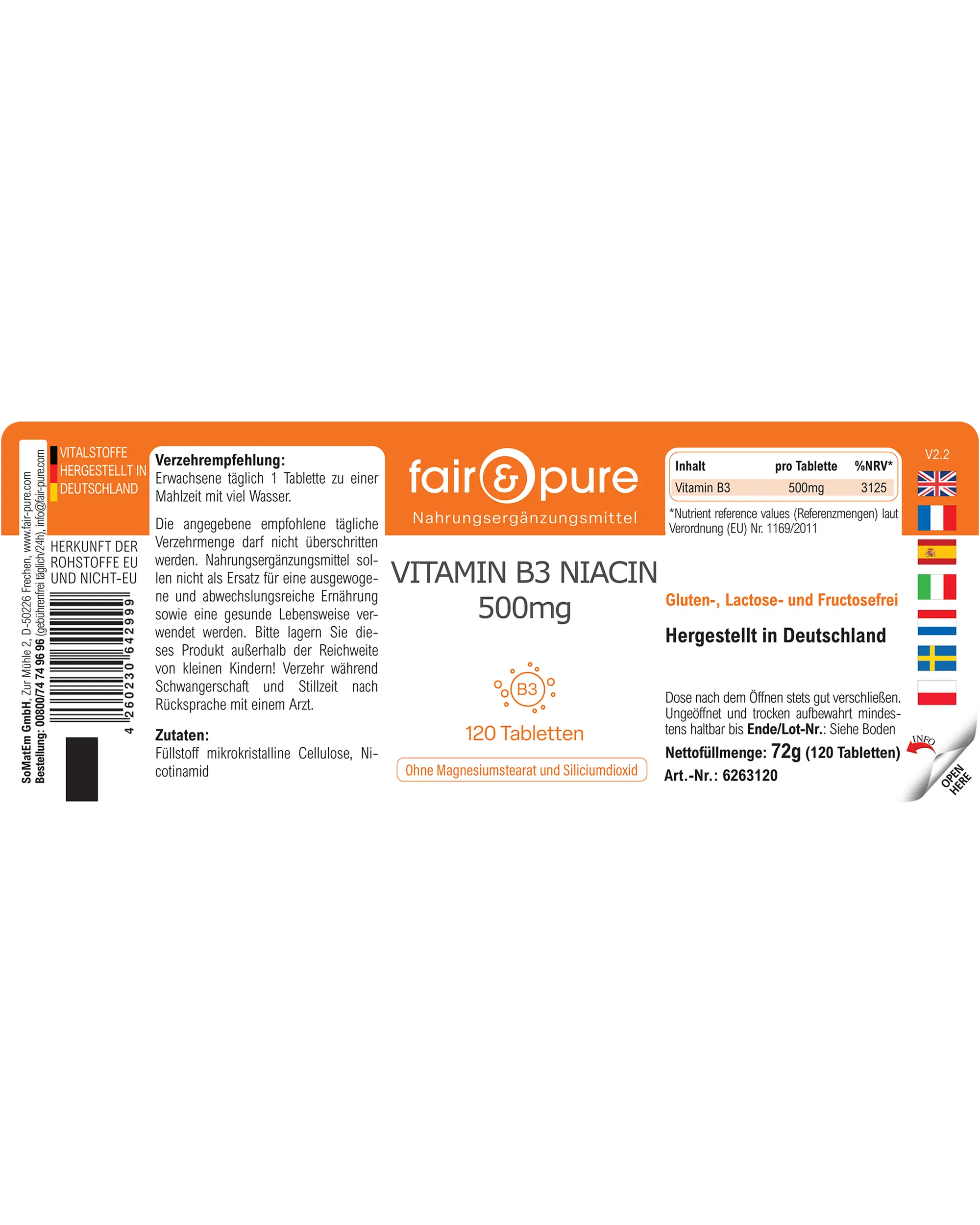 Vitamin B3 Niacin 500mg - 120 Tabletten | fair-pure