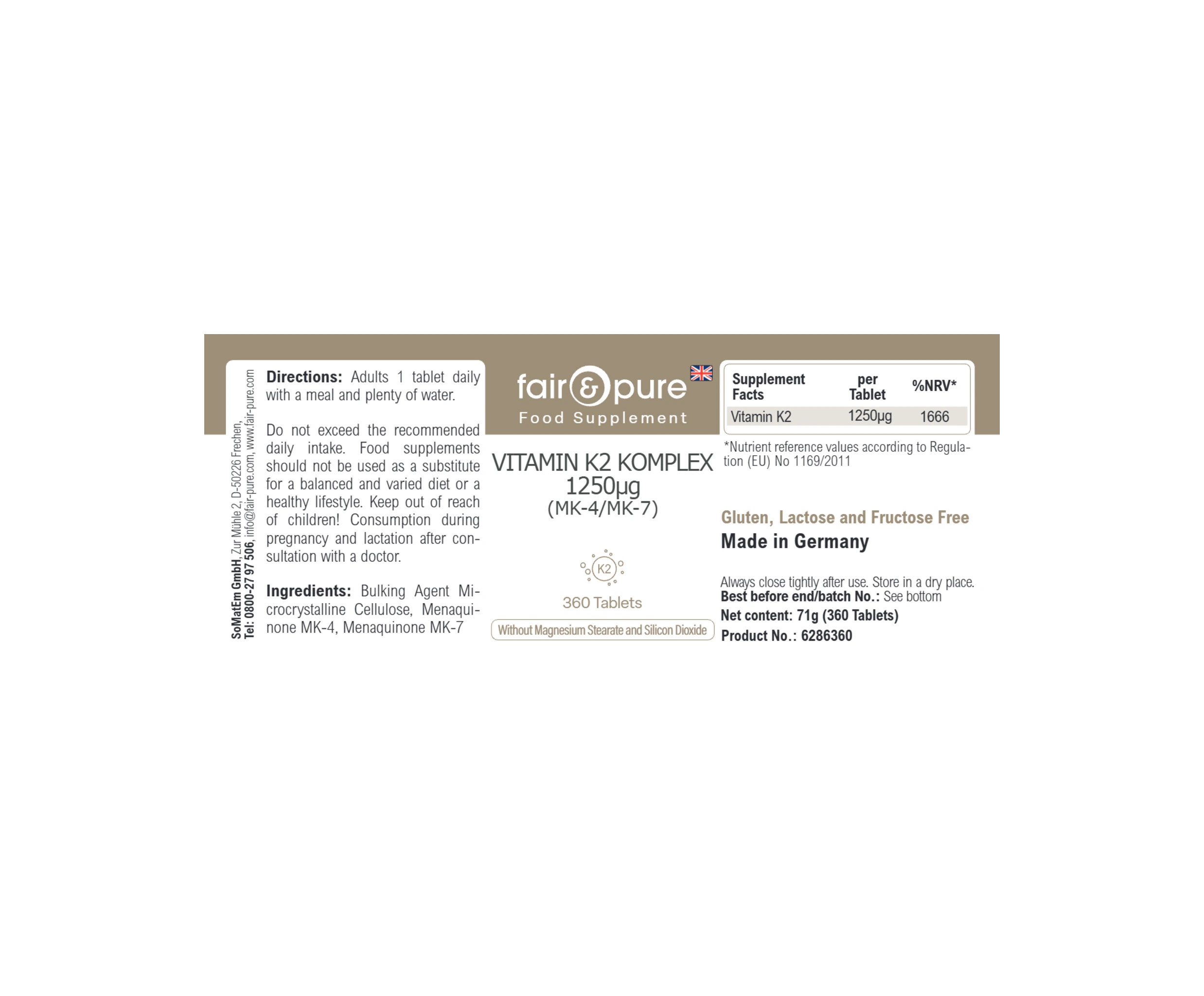 COMPLESSO DI VITAMINA K2 1.250µg (MK-4/MK-7) - 360 Compresse | fair-pure