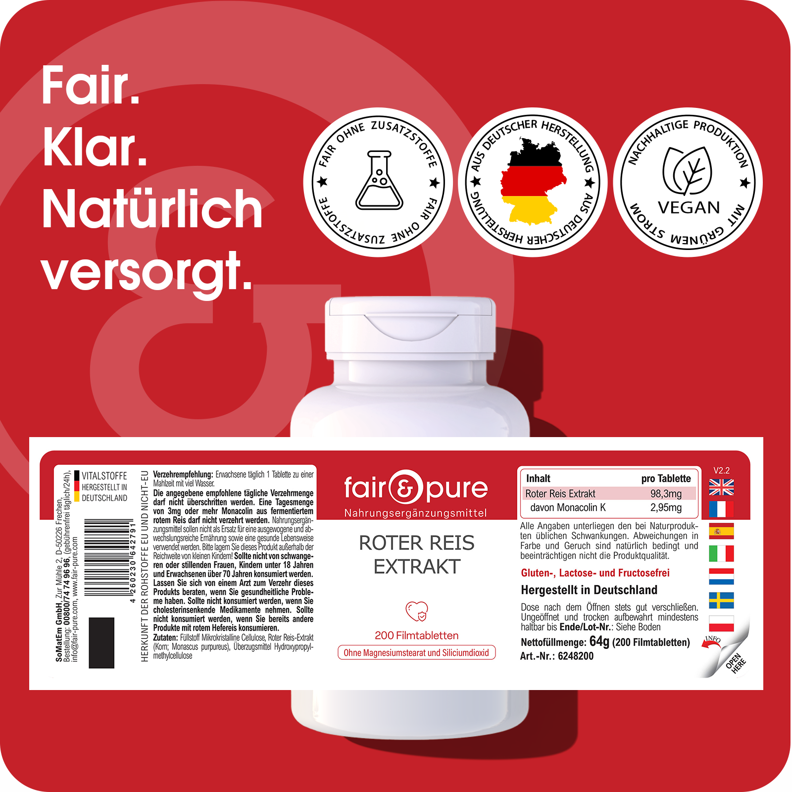 Red rice extract - 200 film-coated tablets - easy to swallow | fair-pure