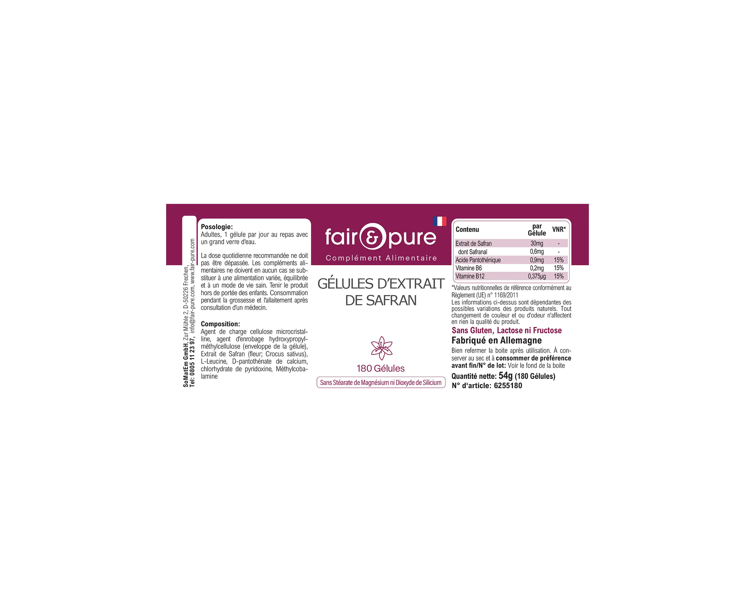 Safran-Extrakt Kapseln - 180 Kapseln - mit Vitamin B5, B6 und B12 | fair-pure