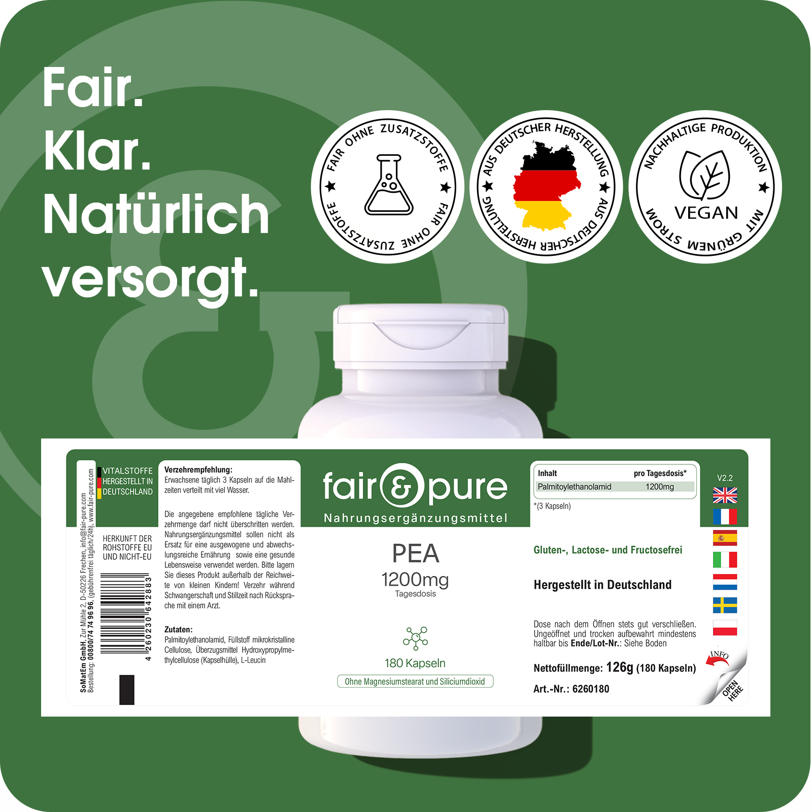 PEA 1200mg - 180 capsules | fair-pure