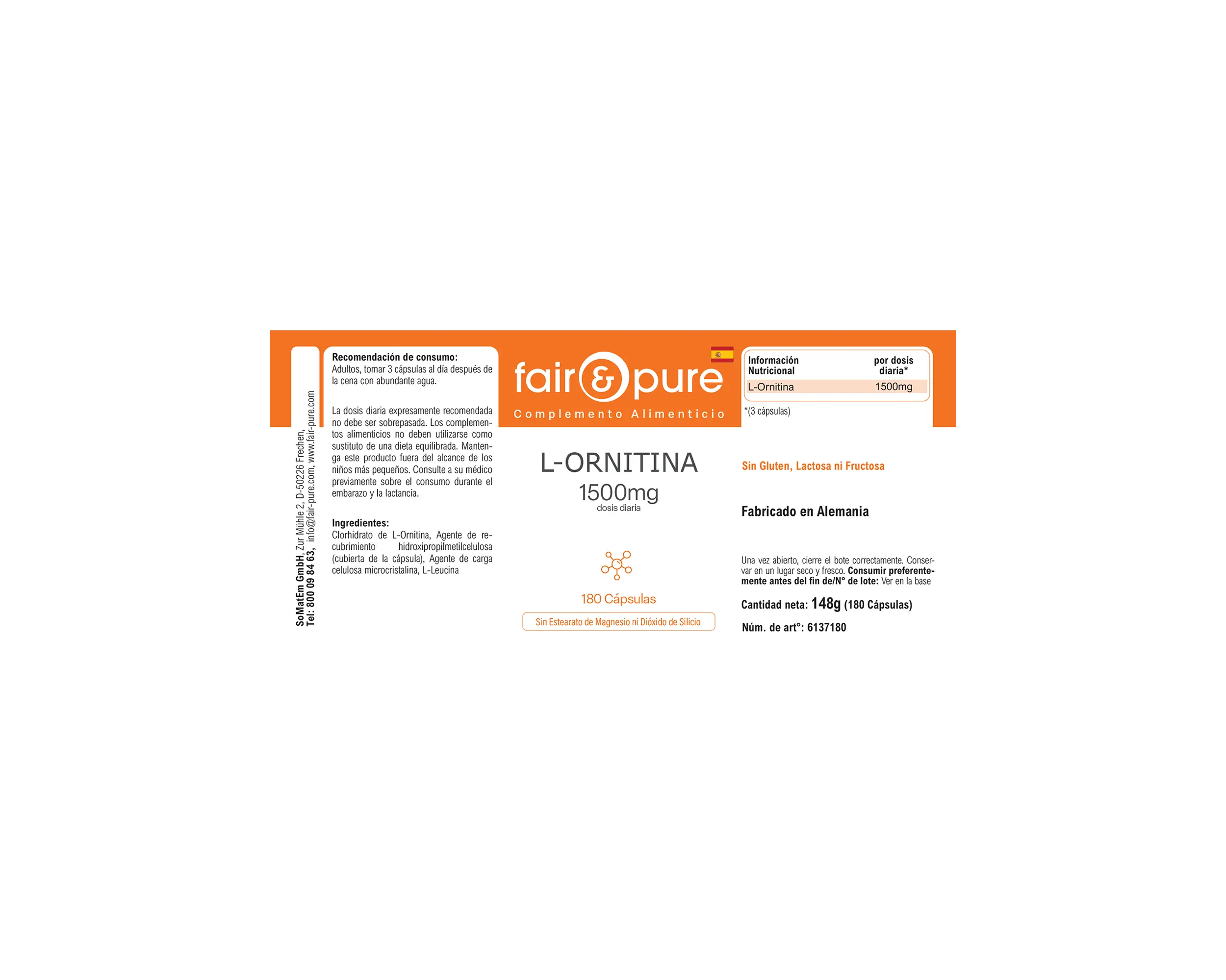 L-ornithine 1500 mg - 180 capsules | fair-pure