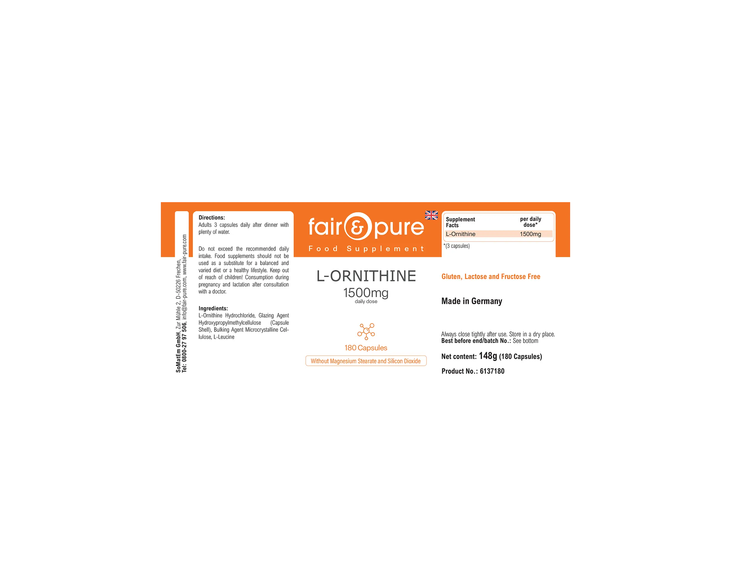 L-ornithine 1500 mg - 180 capsules | fair-pure