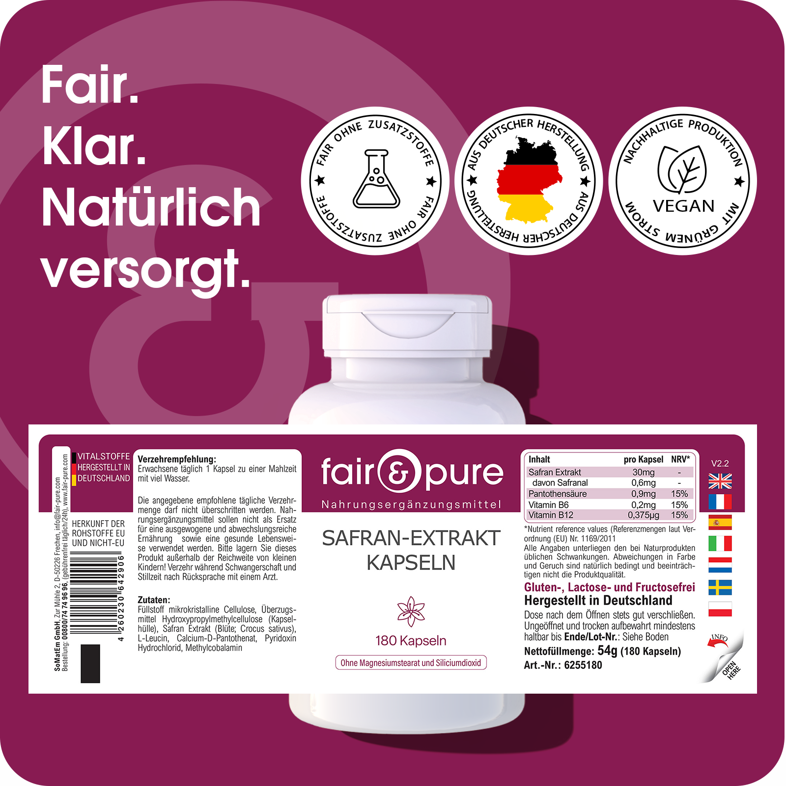 Safran-Extrakt Kapseln - 180 Kapseln - mit Vitamin B5, B6 und B12 | fair-pure