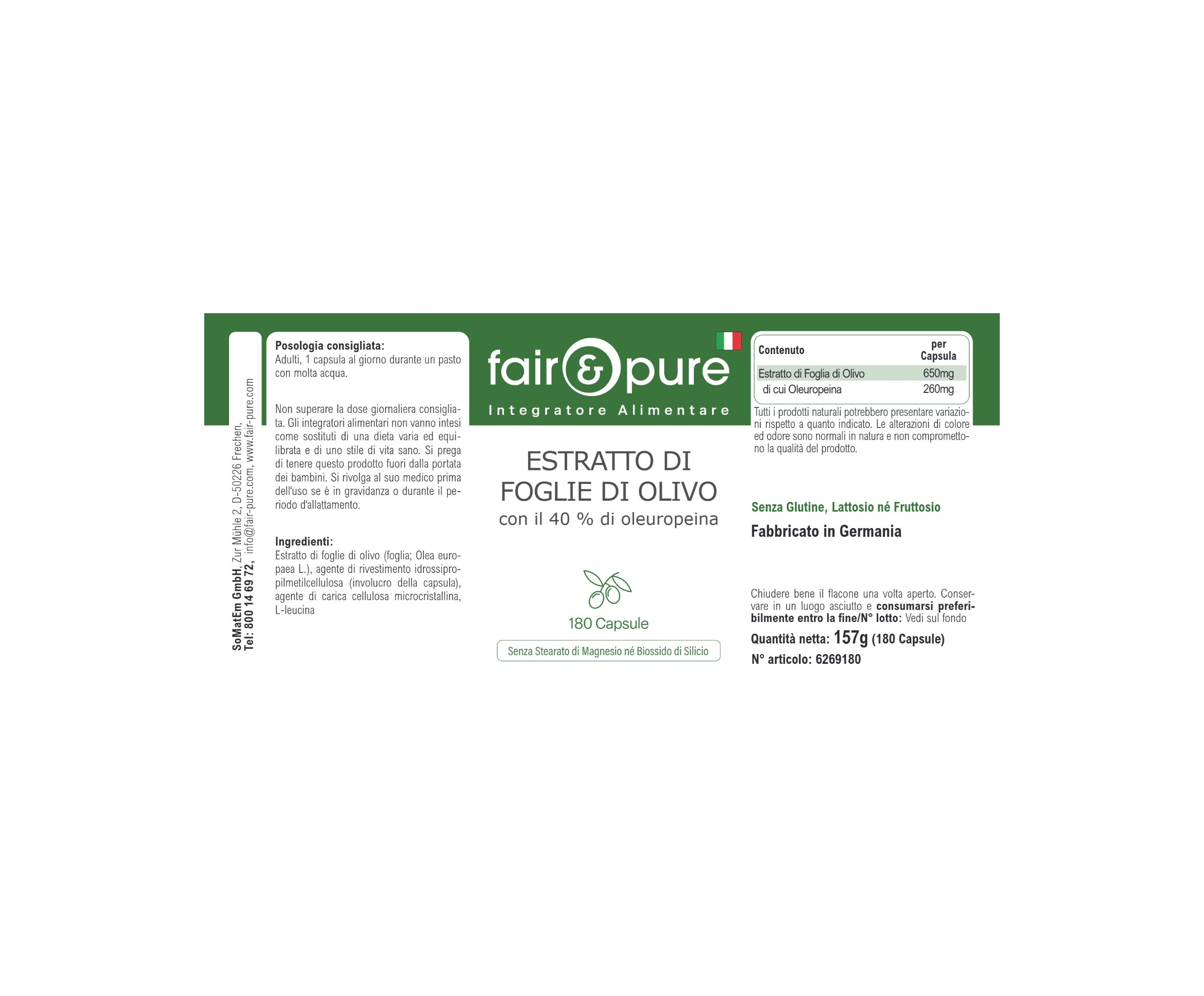 Olivenblatt-Extrakt mit 40% Oleuropein - 180 Kapseln | fair-pure