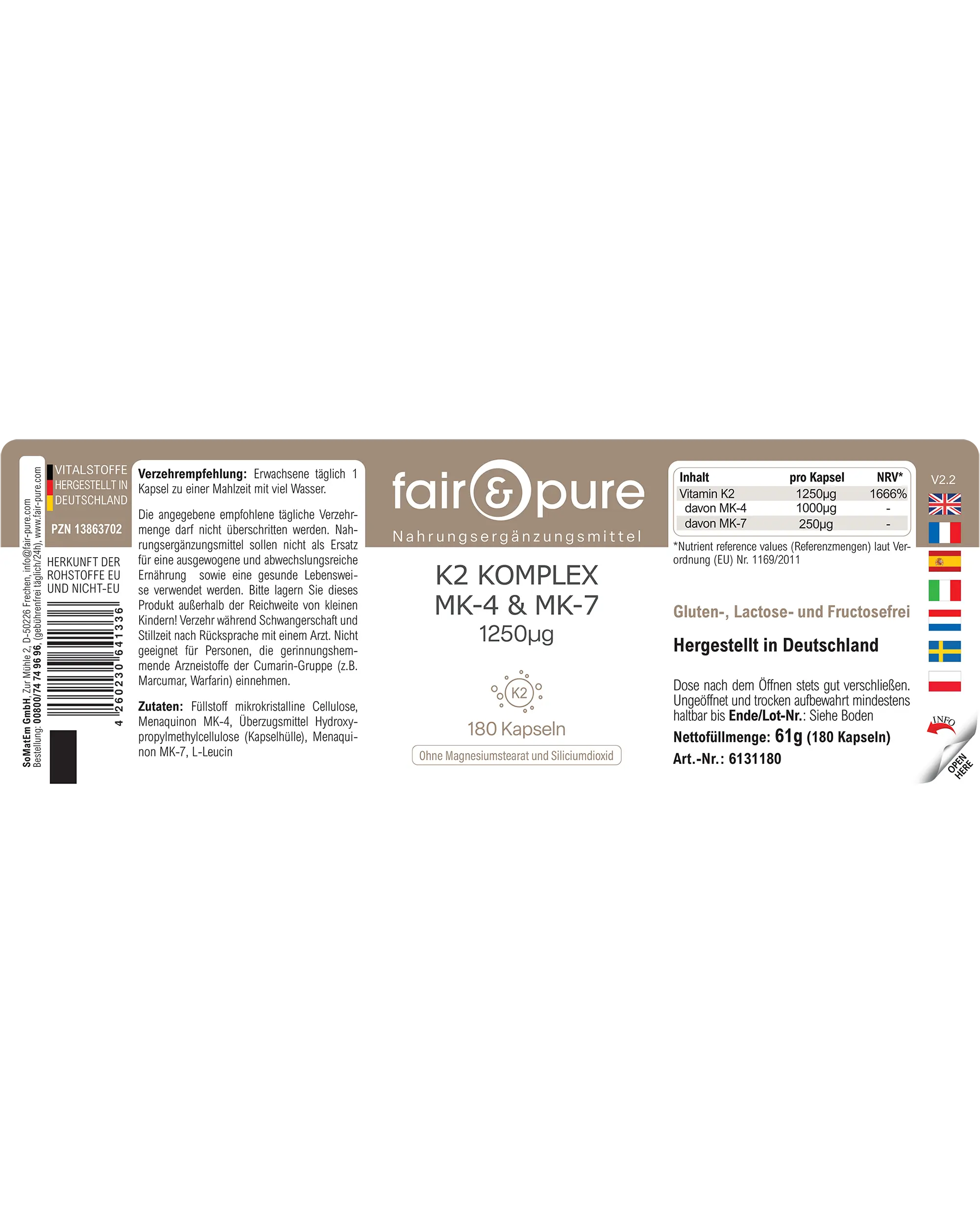 Complesso di Vitamina K2 1250µg - facile da deglutire | fair-pure