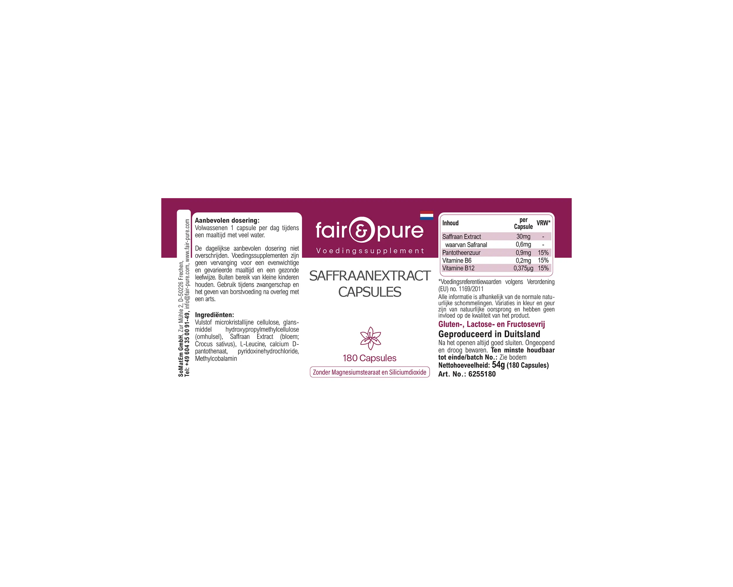 Safran-Extrakt Kapseln - 180 Kapseln - mit Vitamin B5, B6 und B12 | fair-pure