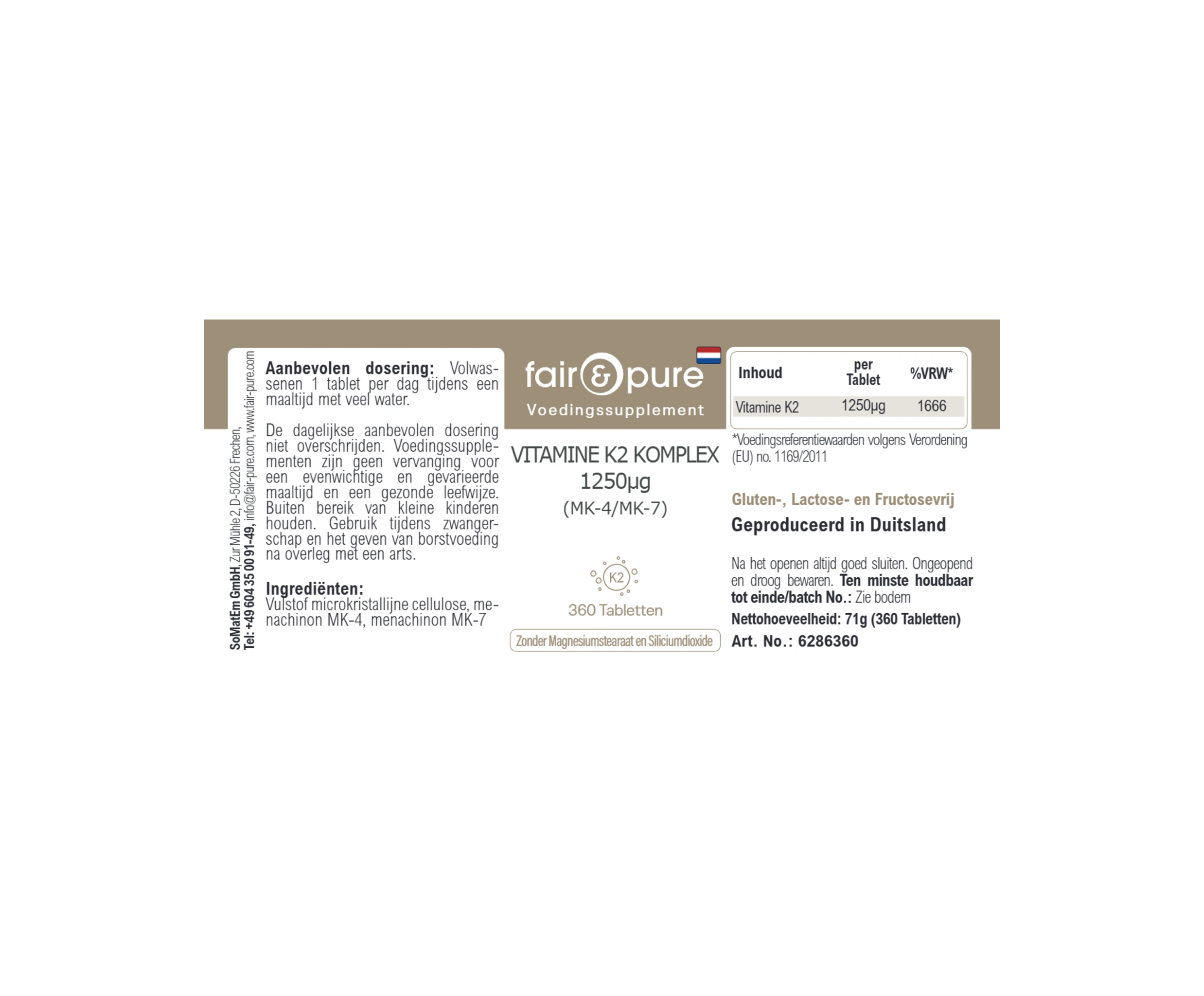 COMPLESSO DI VITAMINA K2 1.250µg (MK-4/MK-7) - 360 Compresse | fair-pure
