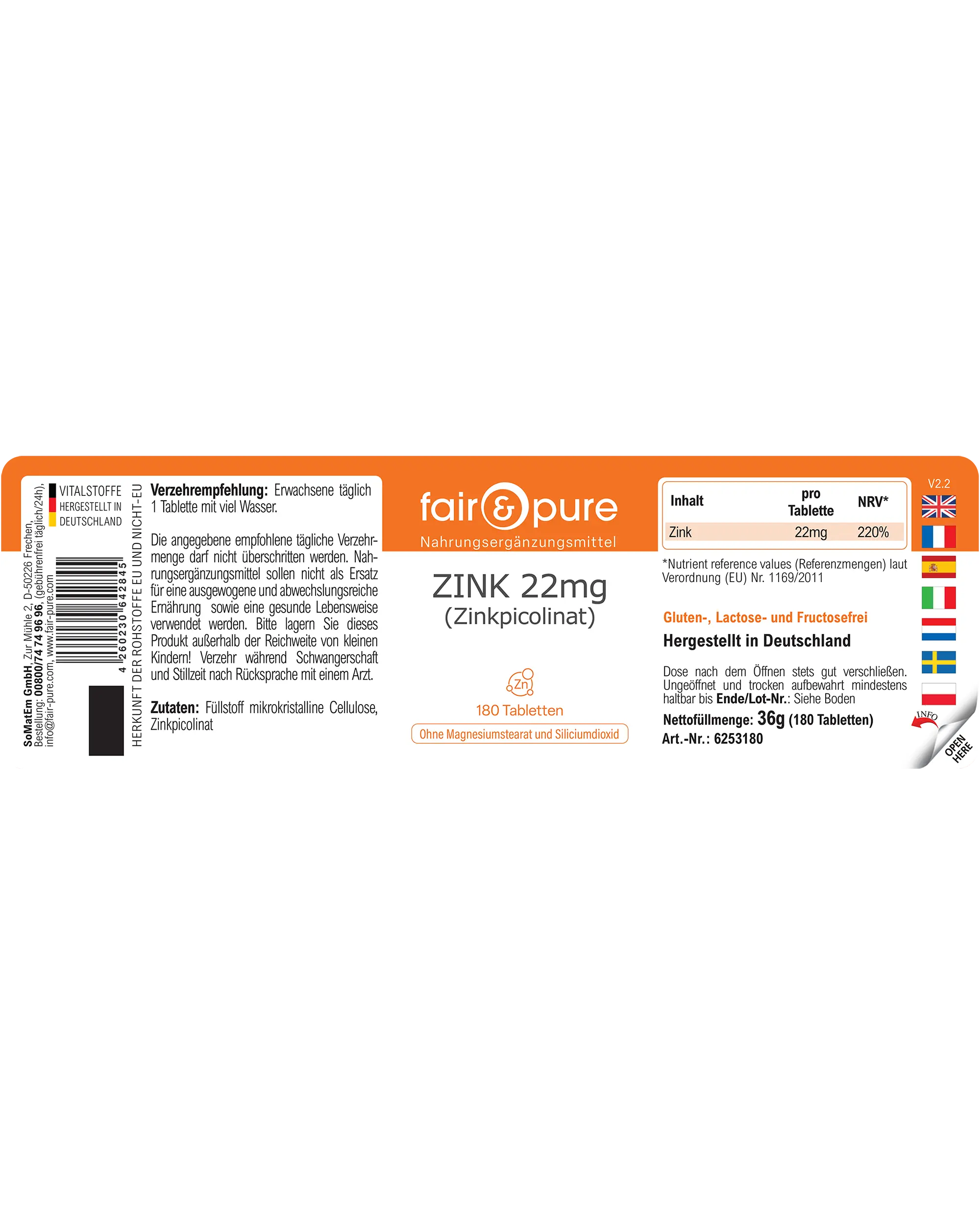 ZINK 22mg (Zinkpicolinaat) - 180 Tabletten | fair-pure