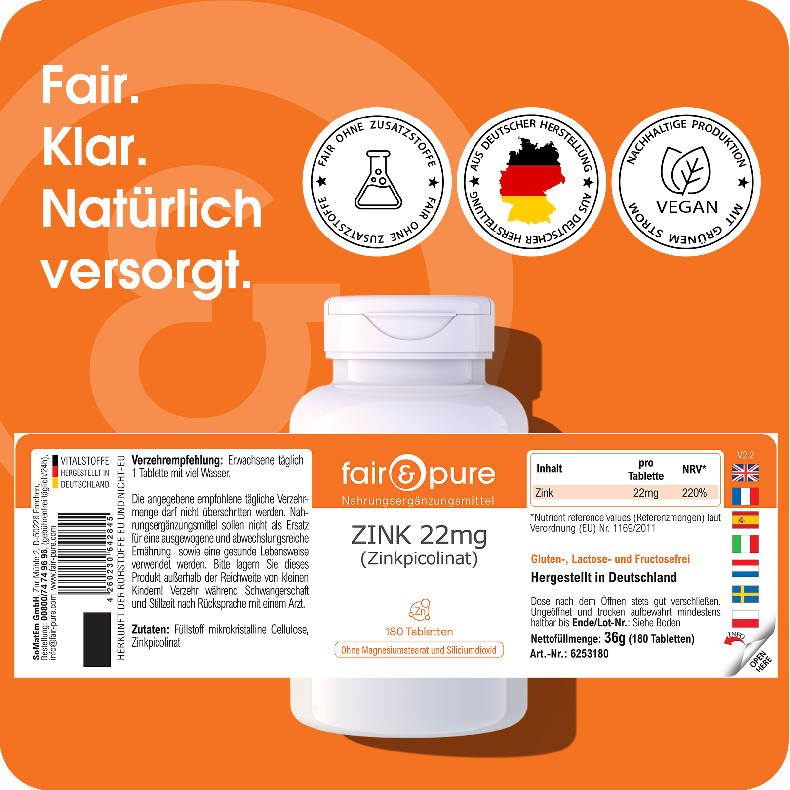 ZINC 22mg (Zinc Picolinate) - 180 Tablets | fair-pure