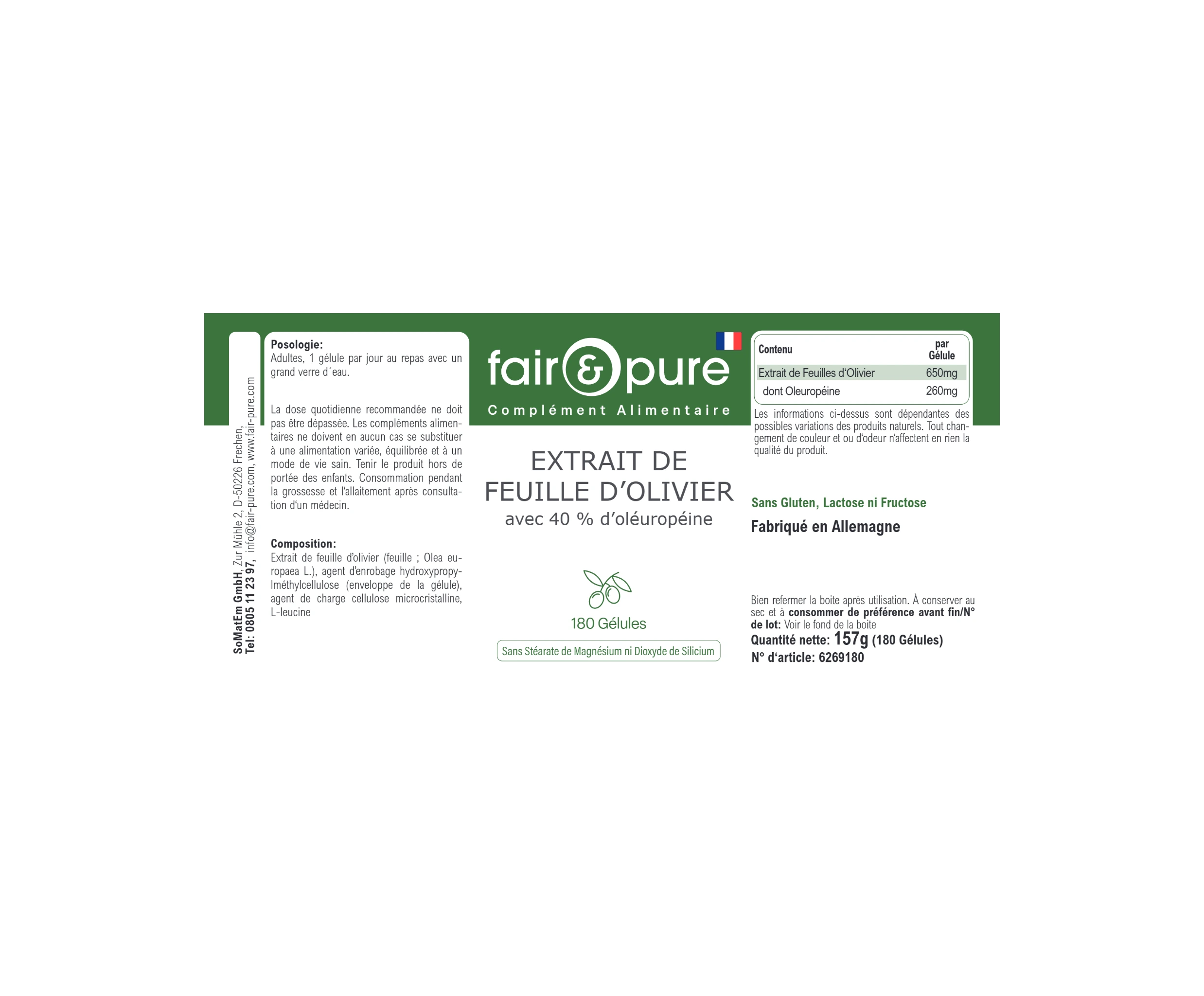 Olivenblatt-Extrakt mit 40% Oleuropein - 180 Kapseln | fair-pure