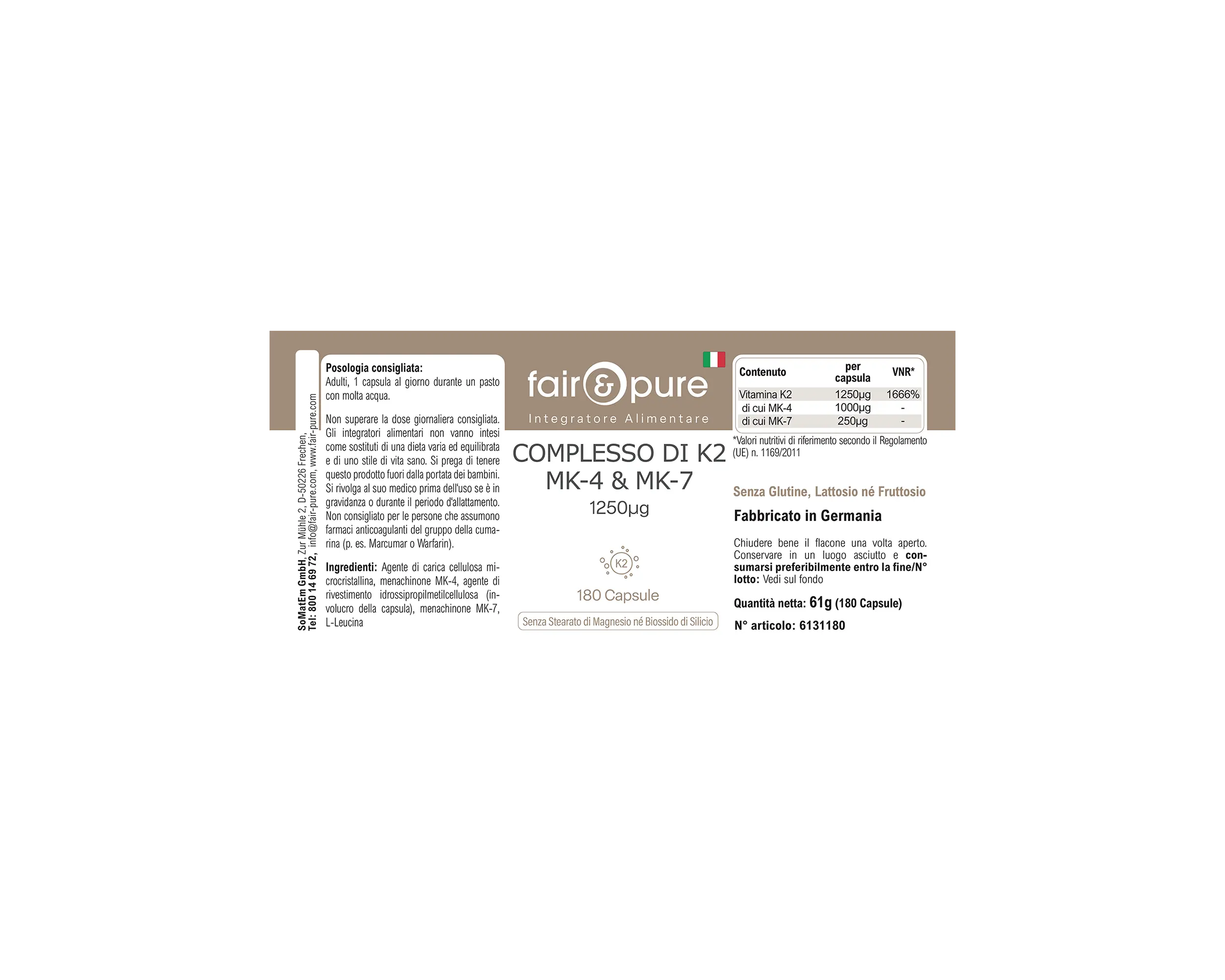 Complesso di Vitamina K2 1250µg - facile da deglutire | fair-pure