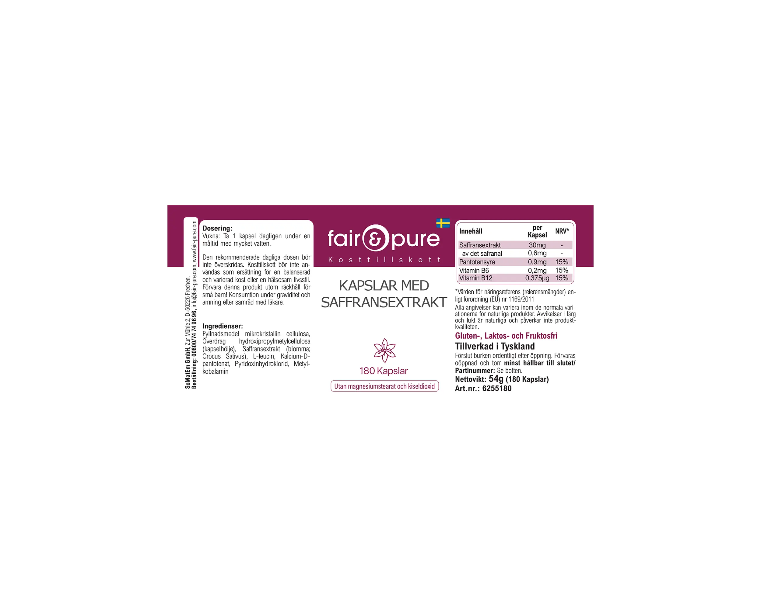 Safran-Extrakt Kapseln - 180 Kapseln - mit Vitamin B5, B6 und B12 | fair-pure