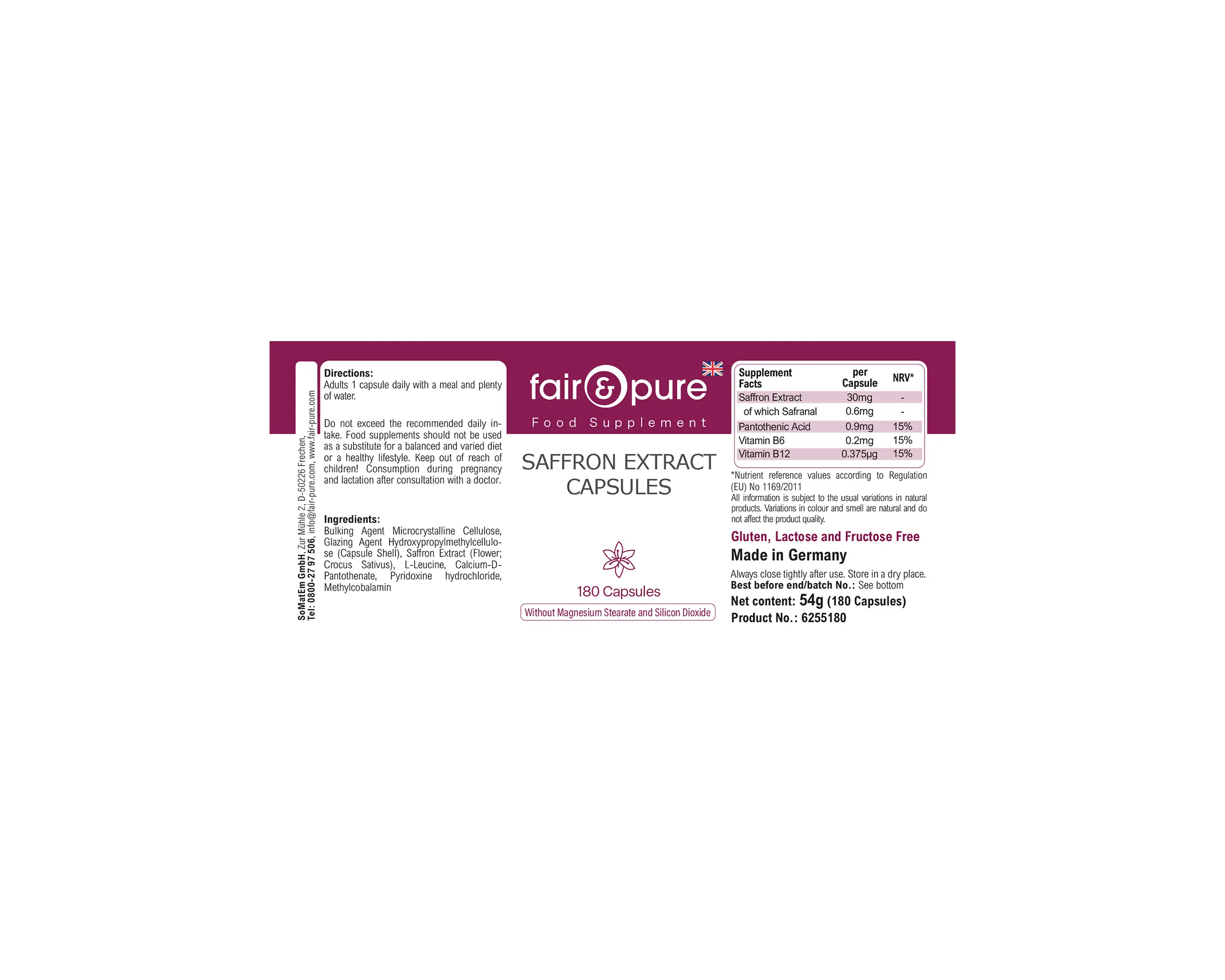 Safran-Extrakt Kapseln - 180 Kapseln - mit Vitamin B5, B6 und B12 | fair-pure