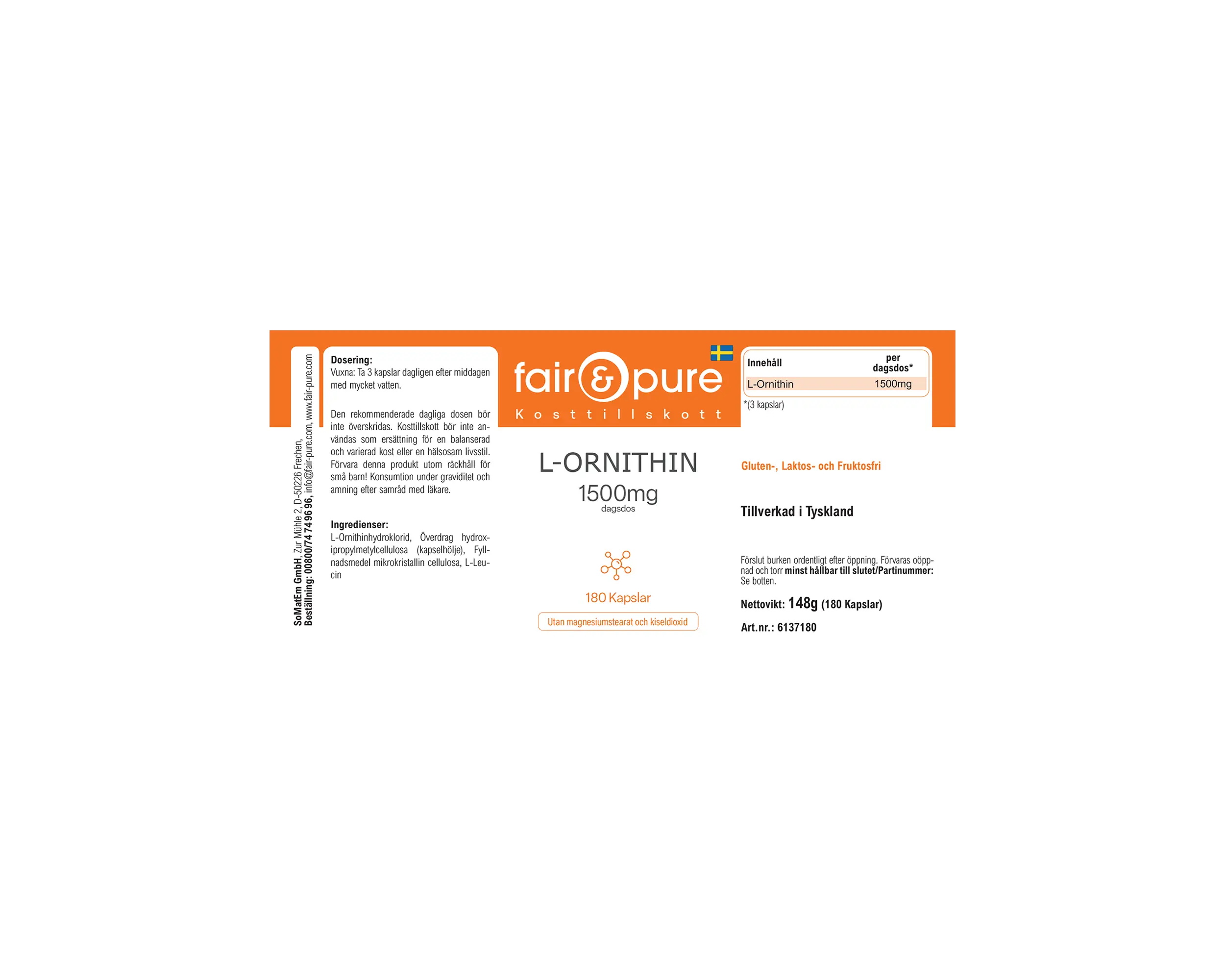 L-ornithine 1500 mg - 180 capsules | fair-pure