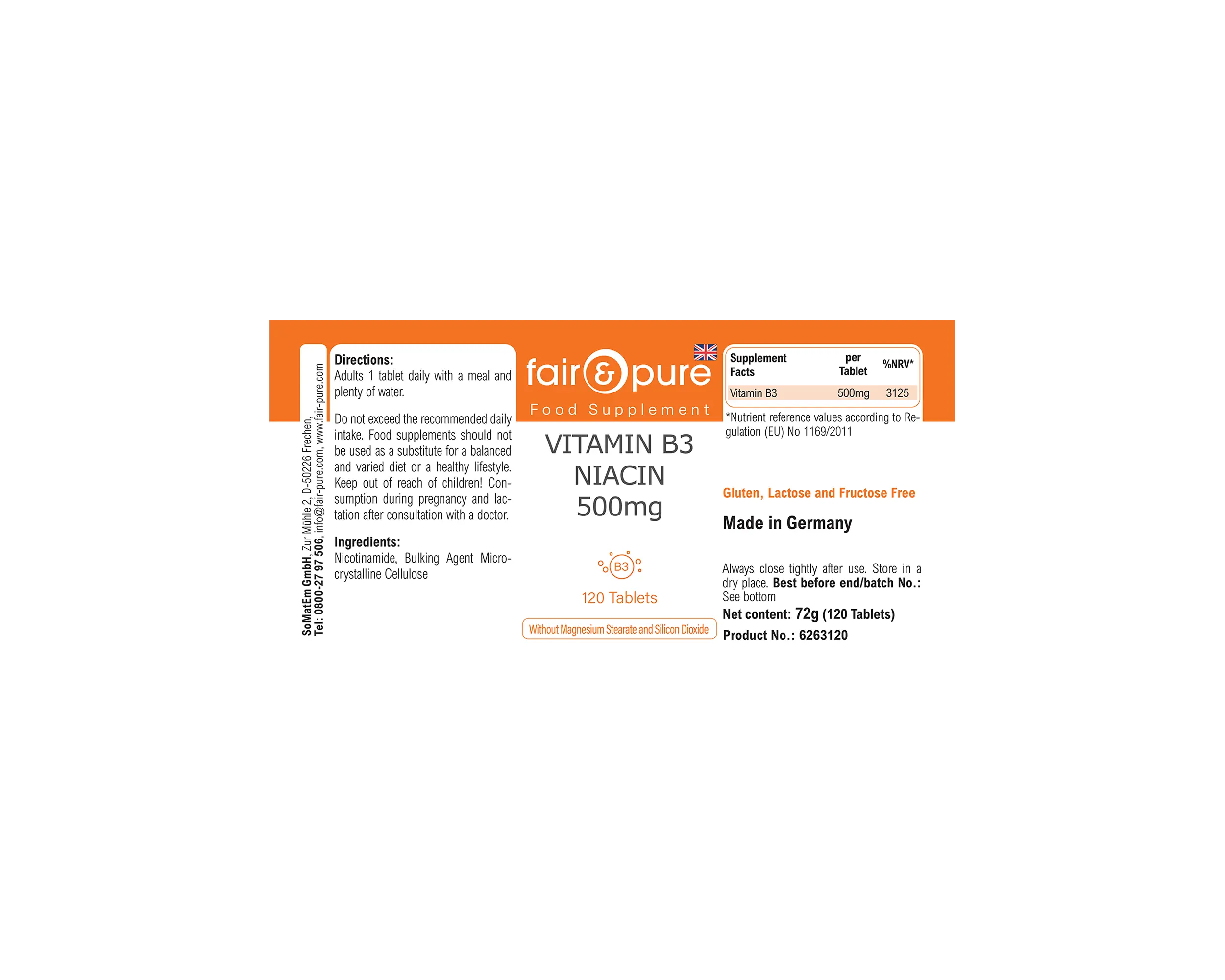 Vitamin B3 Niacin 500mg - 120 Tabletten | fair-pure