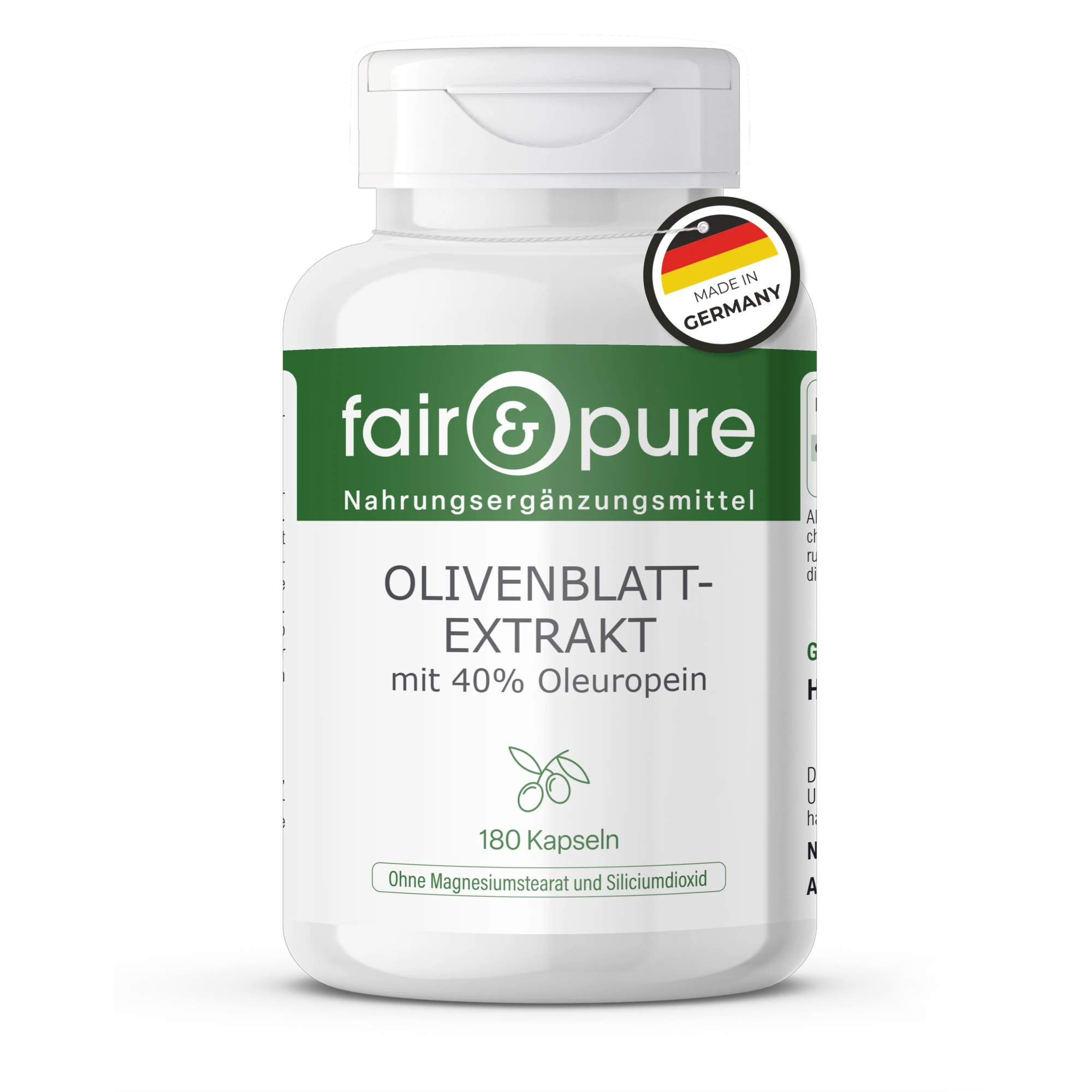 Olivenblatt-Extrakt mit 40% Oleuropein - 180 Kapseln | fair-pure