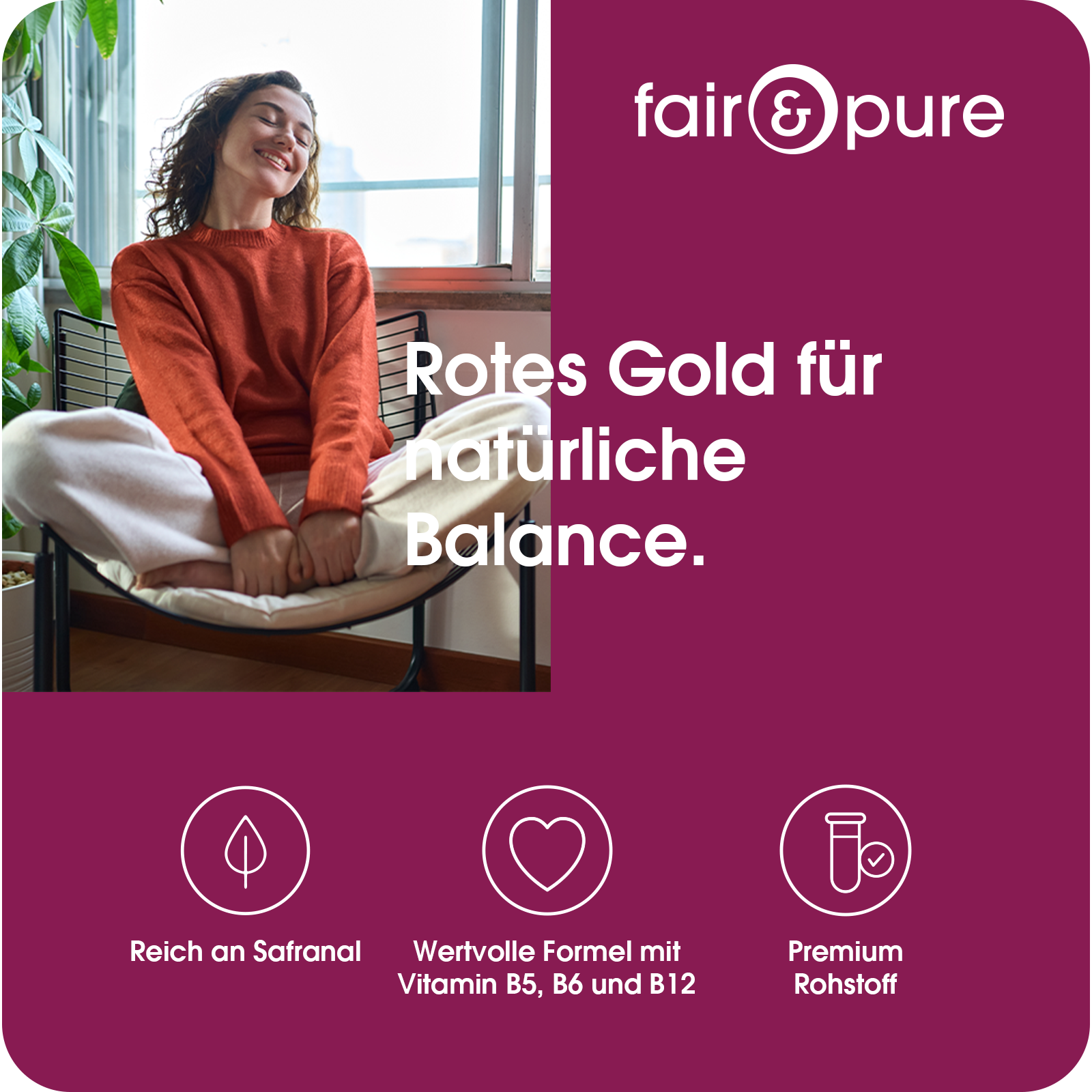 Safran-Extrakt Kapseln - 180 Kapseln - mit Vitamin B5, B6 und B12 | fair-pure