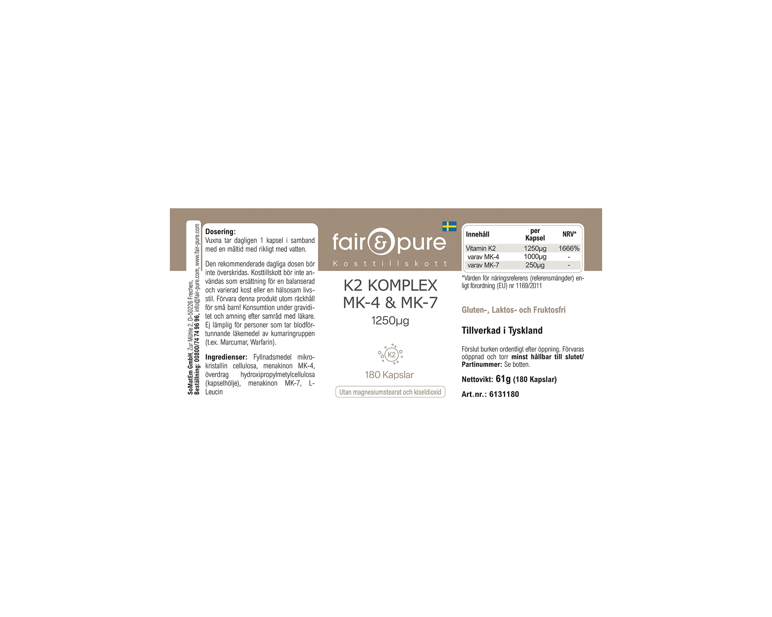 Complesso di Vitamina K2 1250µg - facile da deglutire | fair-pure