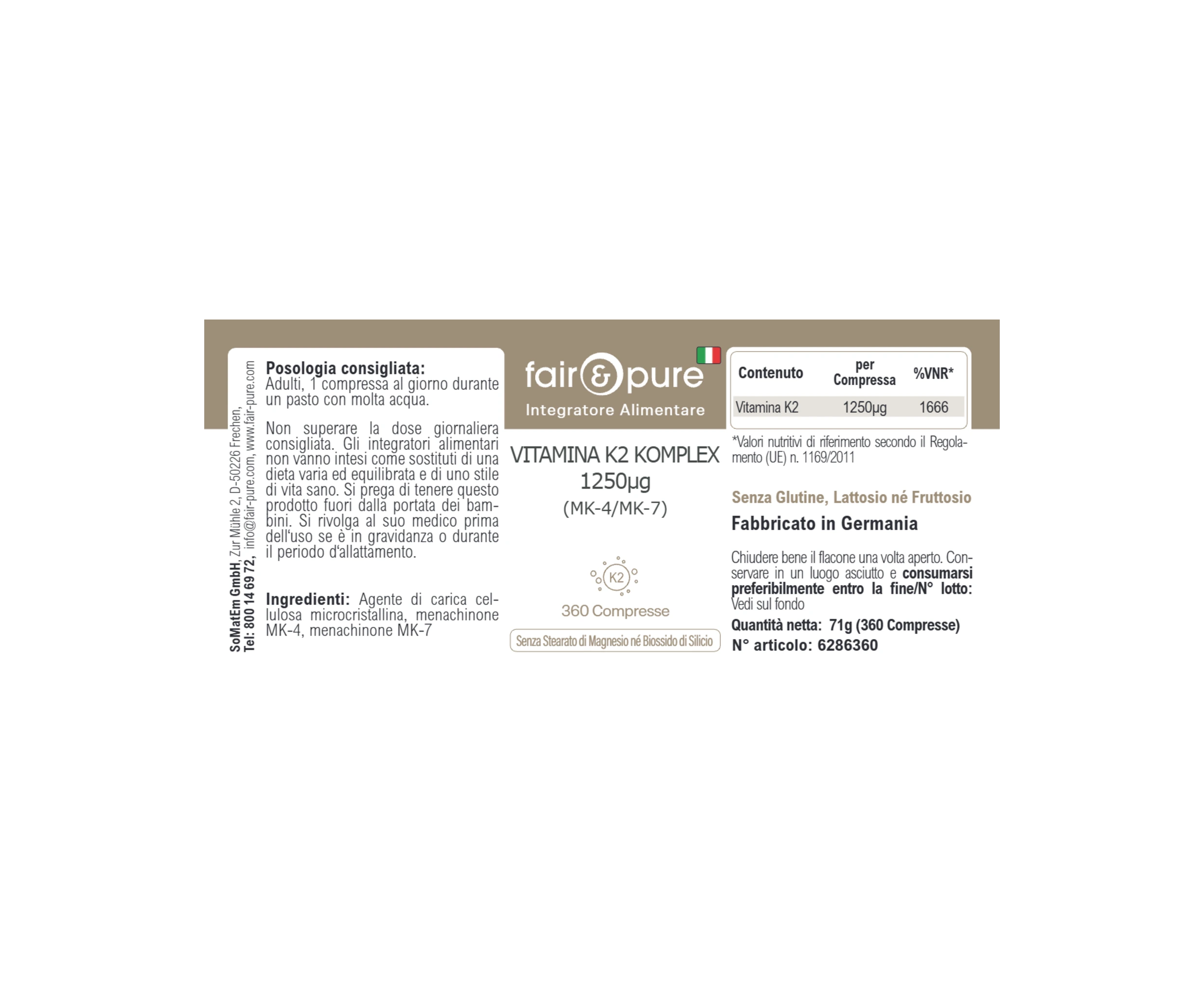 COMPLESSO DI VITAMINA K2 1.250µg (MK-4/MK-7) - 360 Compresse | fair-pure