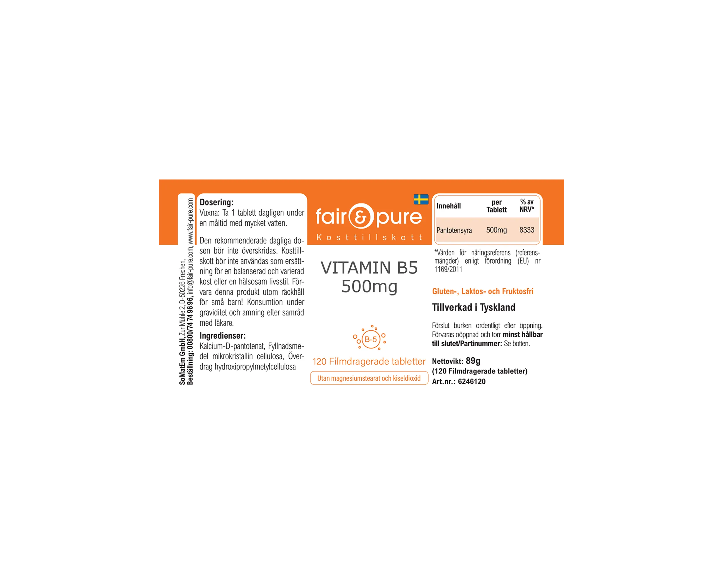 Vitamin B5 500mg - 120 Filmtabletten - schluckfreundlich | fair-pure