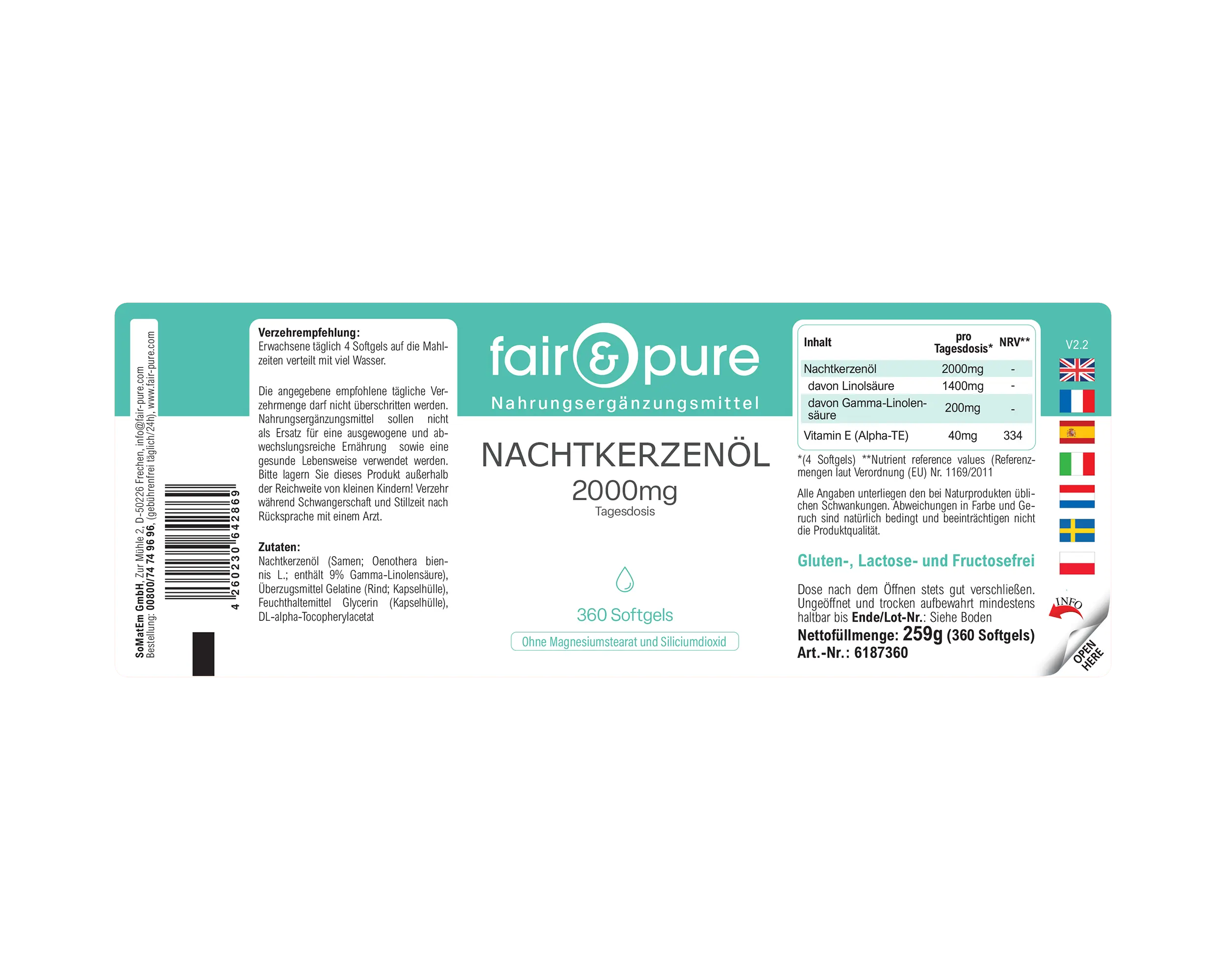 Nachtkerzenöl 2000mg - 360 Softgels - mit Vitamin E | fair-pure