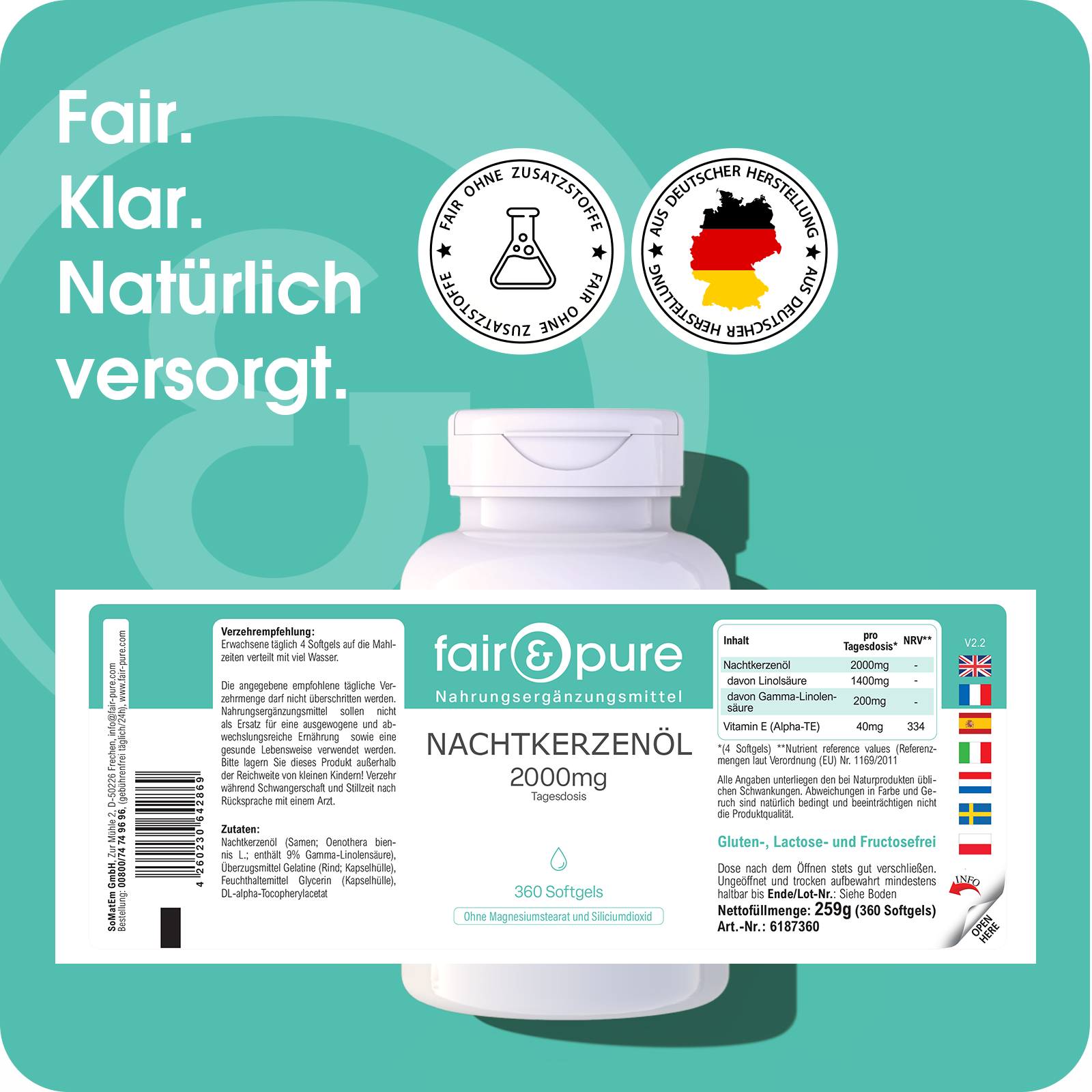Nachtkerzenöl 2000mg - 360 Softgels - mit Vitamin E | fair-pure