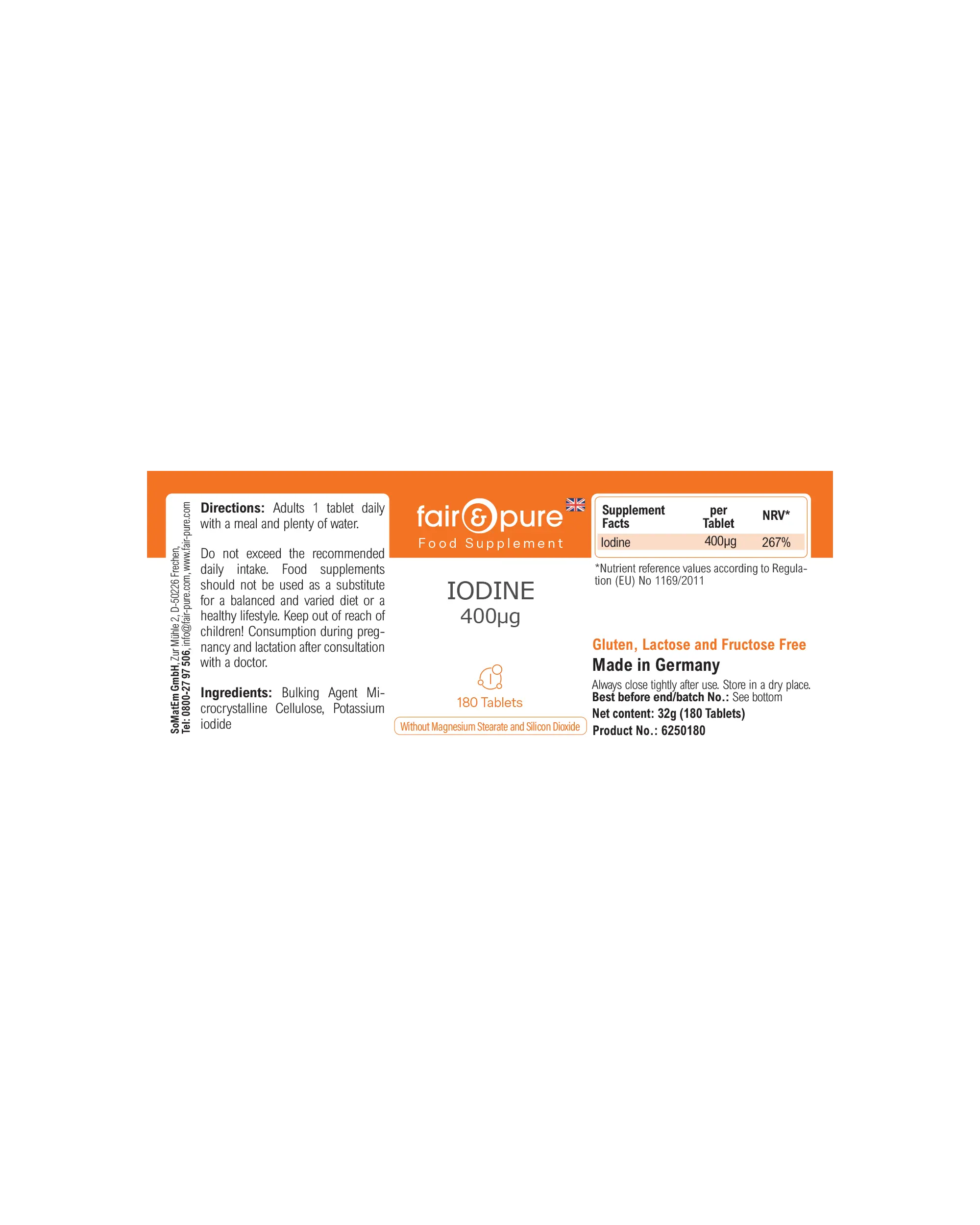 Iode 400µg – 180 Comprimés – Plus de 100 % de l'apport quotidien | Fair & Pure