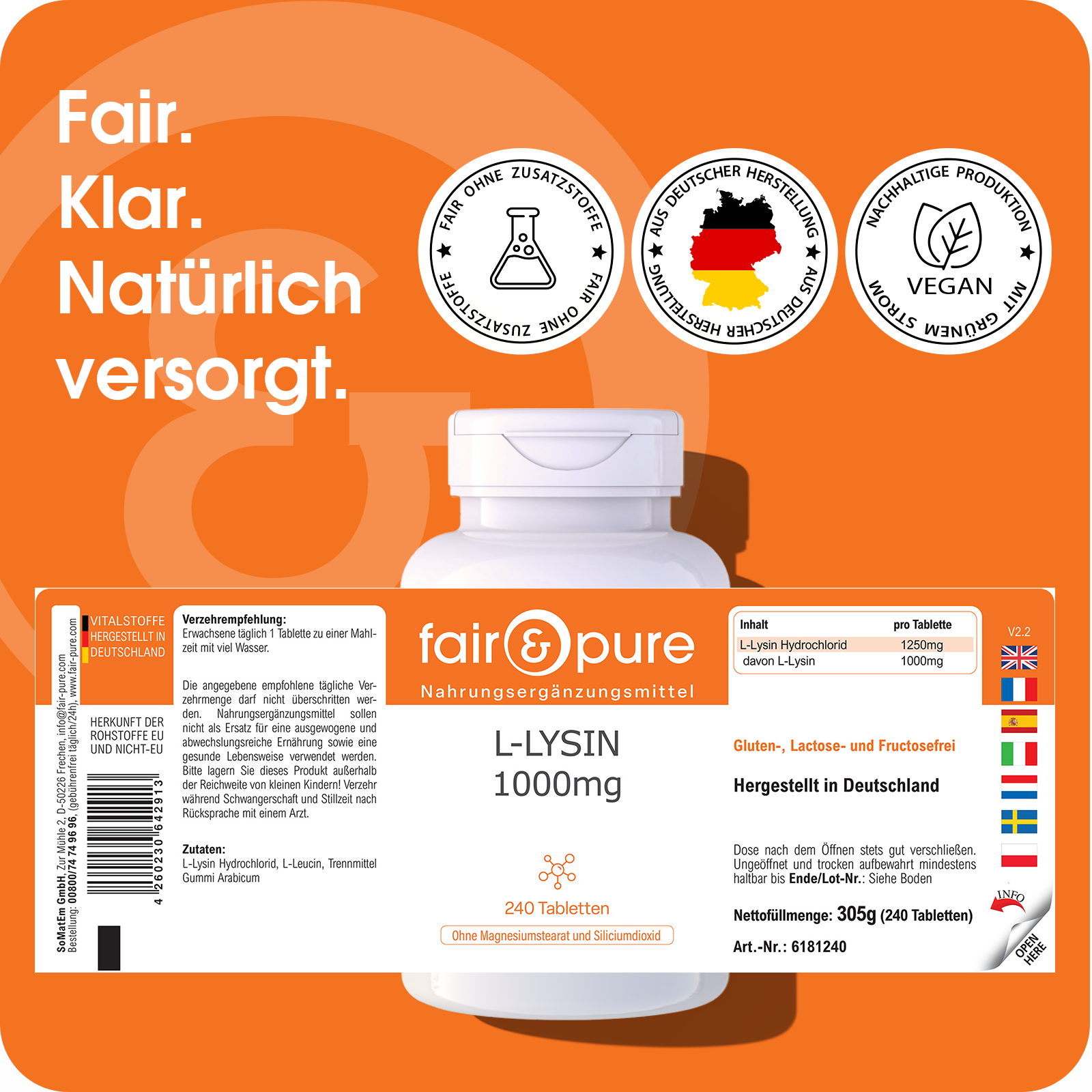 L-Lysine 1000mg - 240 Tablets | fair-pure