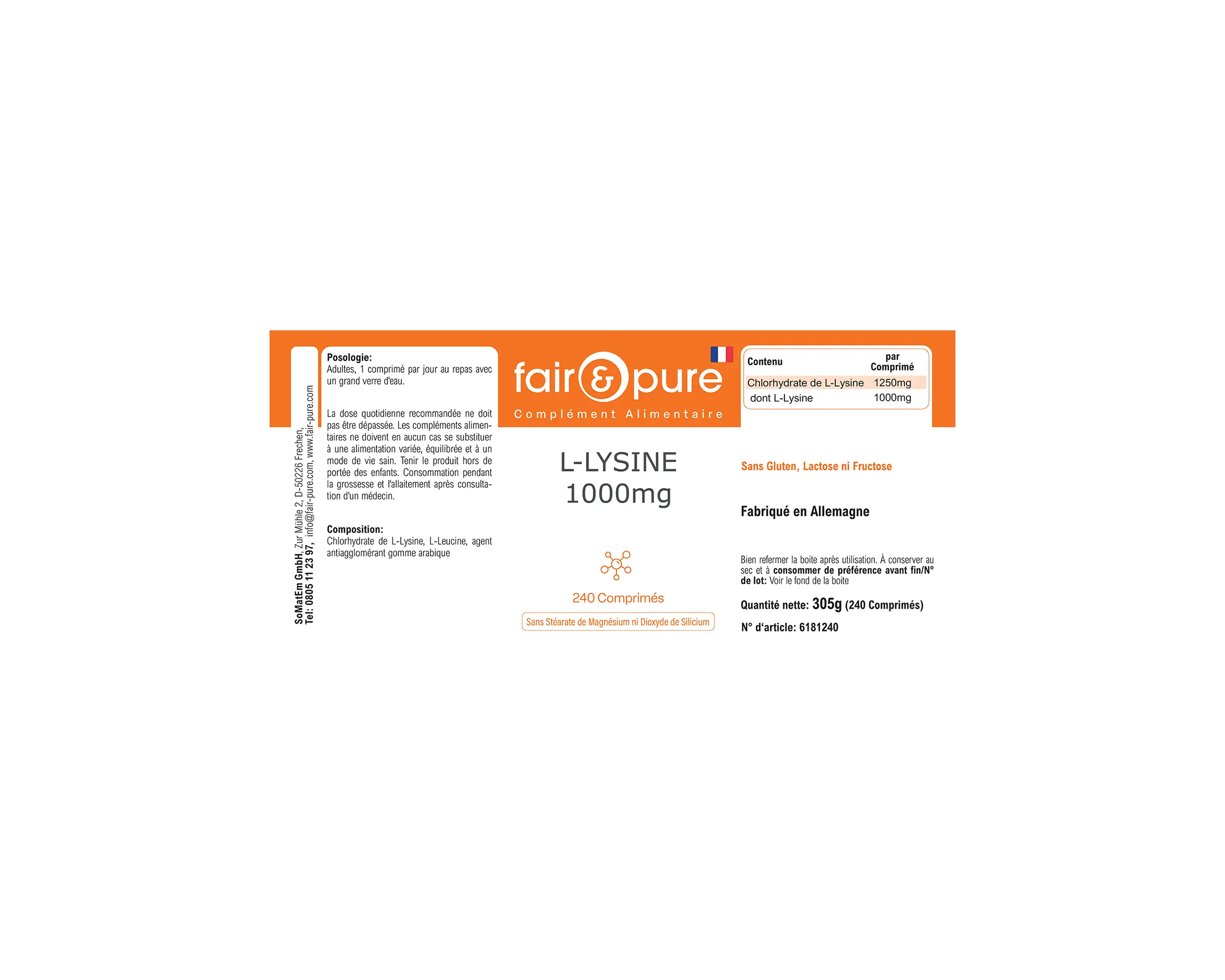 L-Lisina 1000mg - 240 comprimidos | fair-pure