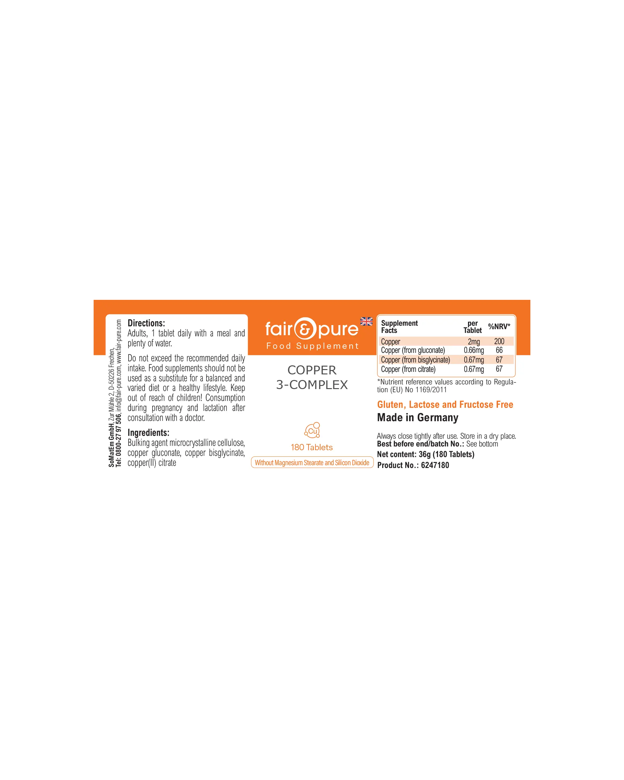 Cobre Complejo 3 – 180 Tabletas – Más del 100 % de la ingesta diaria | Fair & Pure
