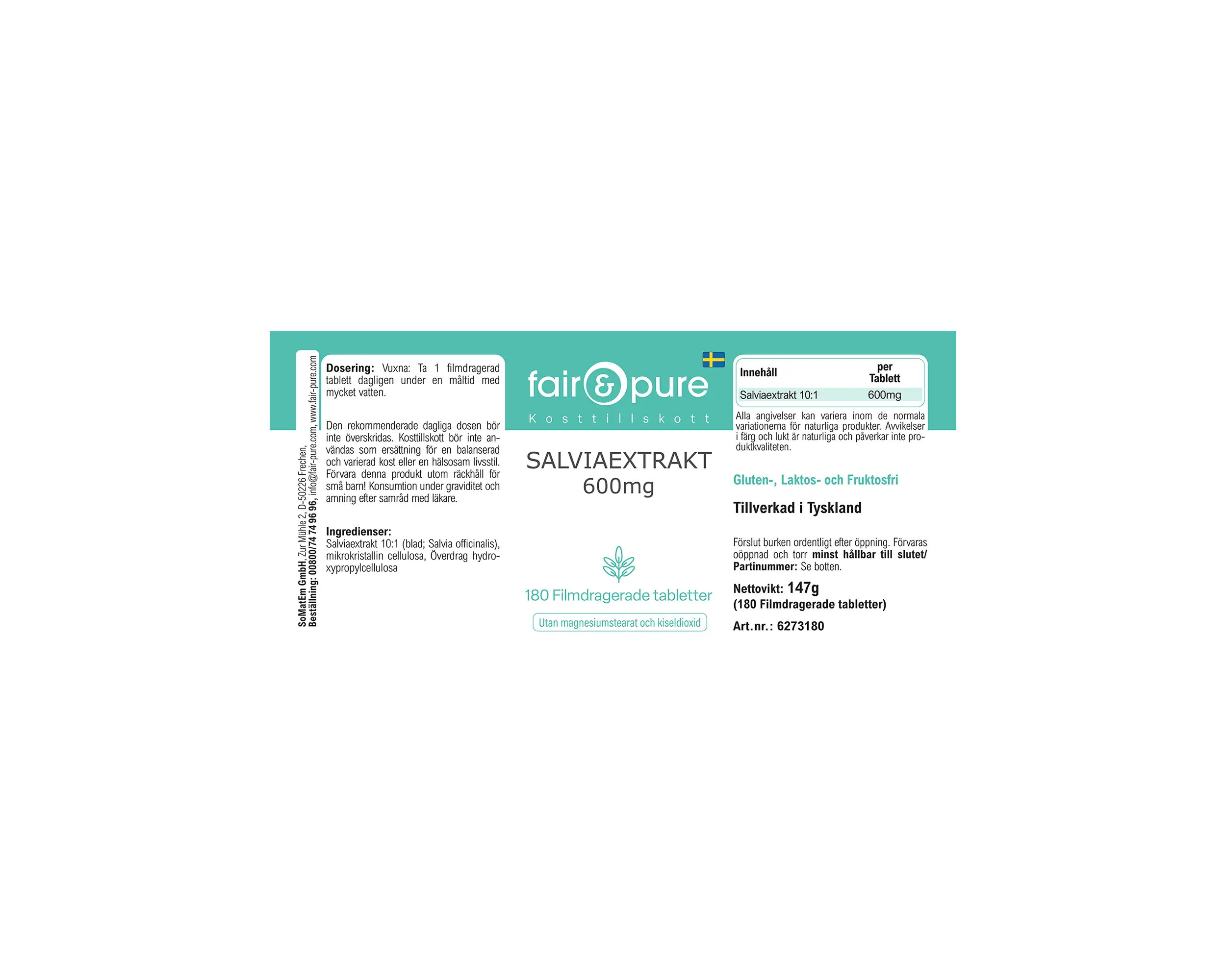 Salbei Extrakt 600mg - 180 Filmtabletten | fair-pure