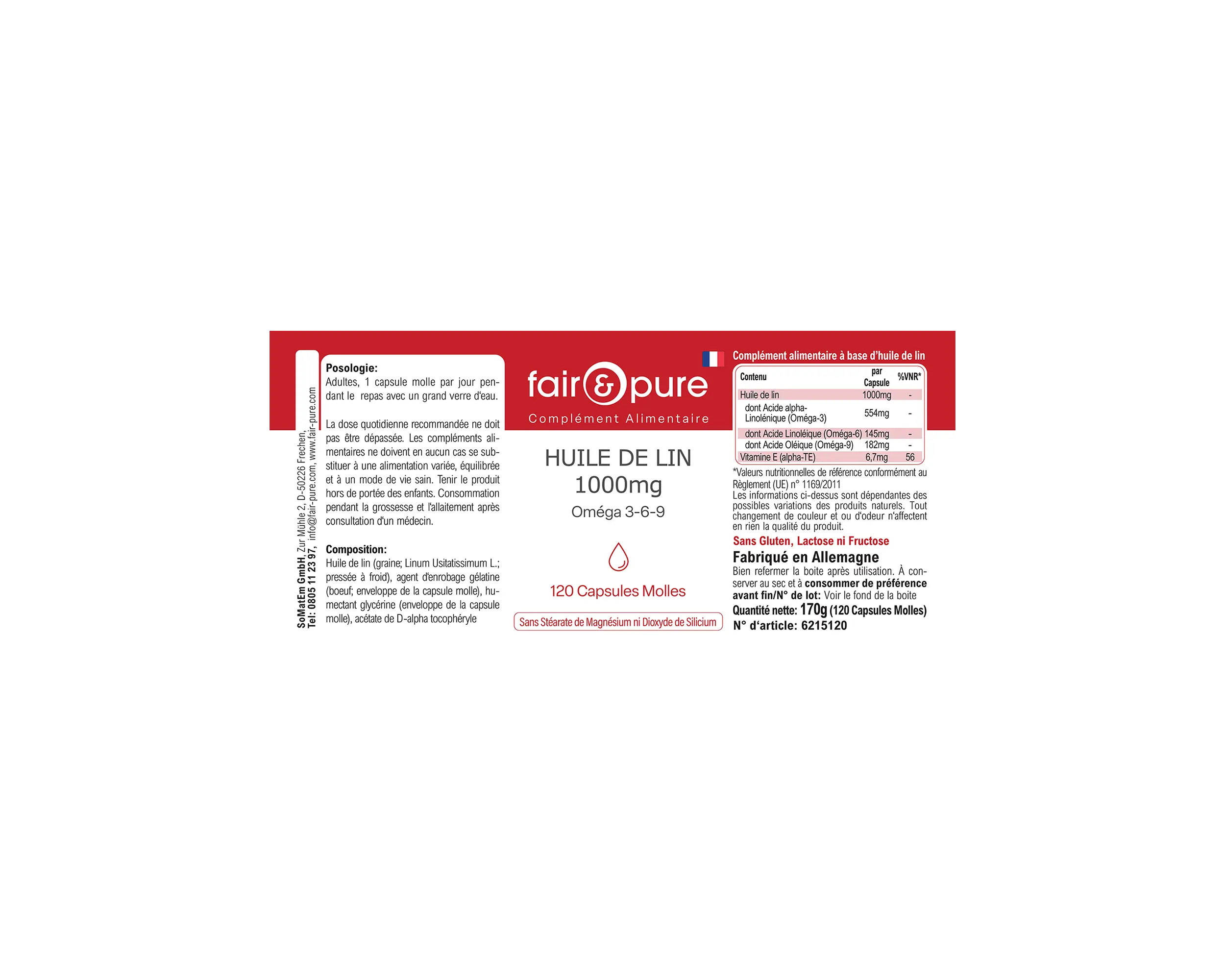 Huile de lin 1000mg Oméga 3-6-9 - 120 capsules molles | fair-pure